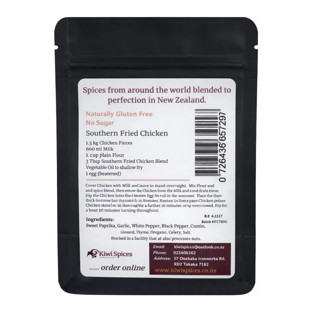 Back of southern fried chicken spice packet with ingredients, usage and product information.