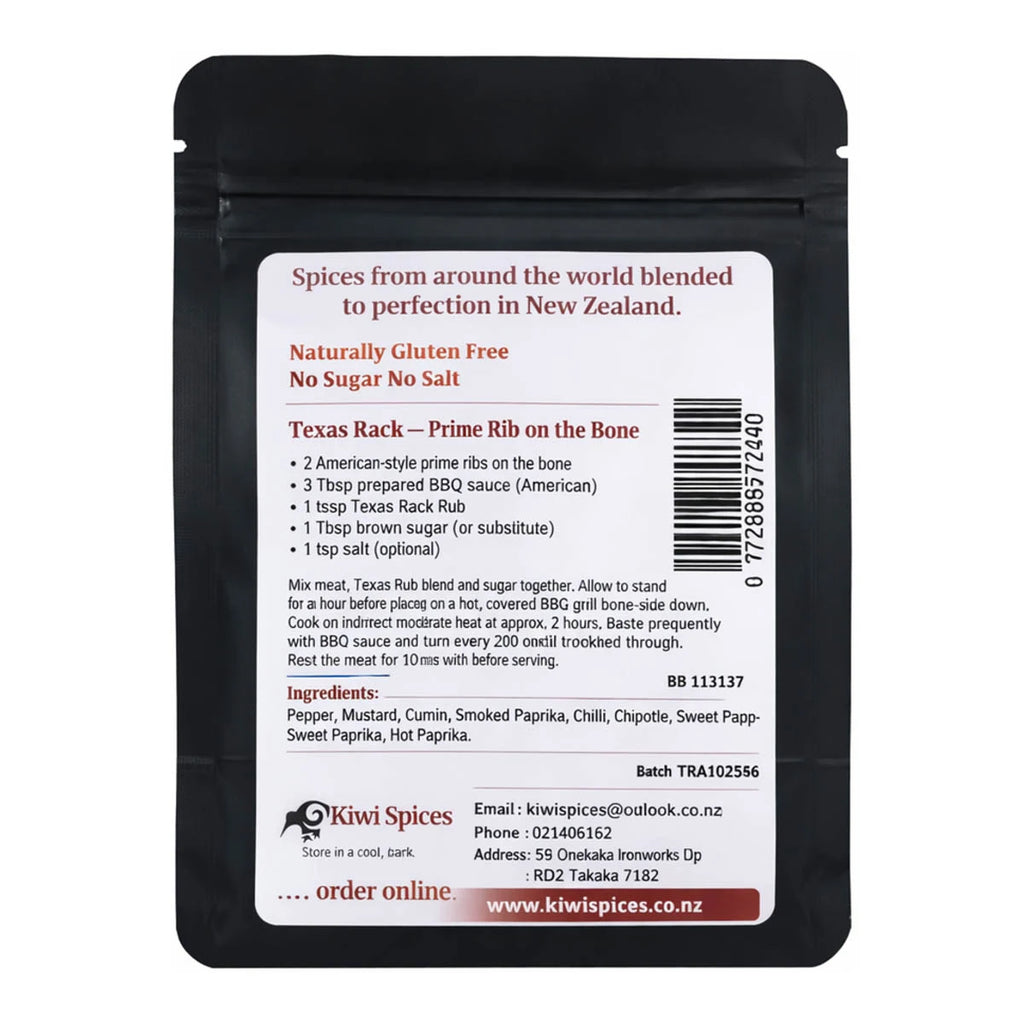Back of texas rack spice packet with ingredients, usage and product information.