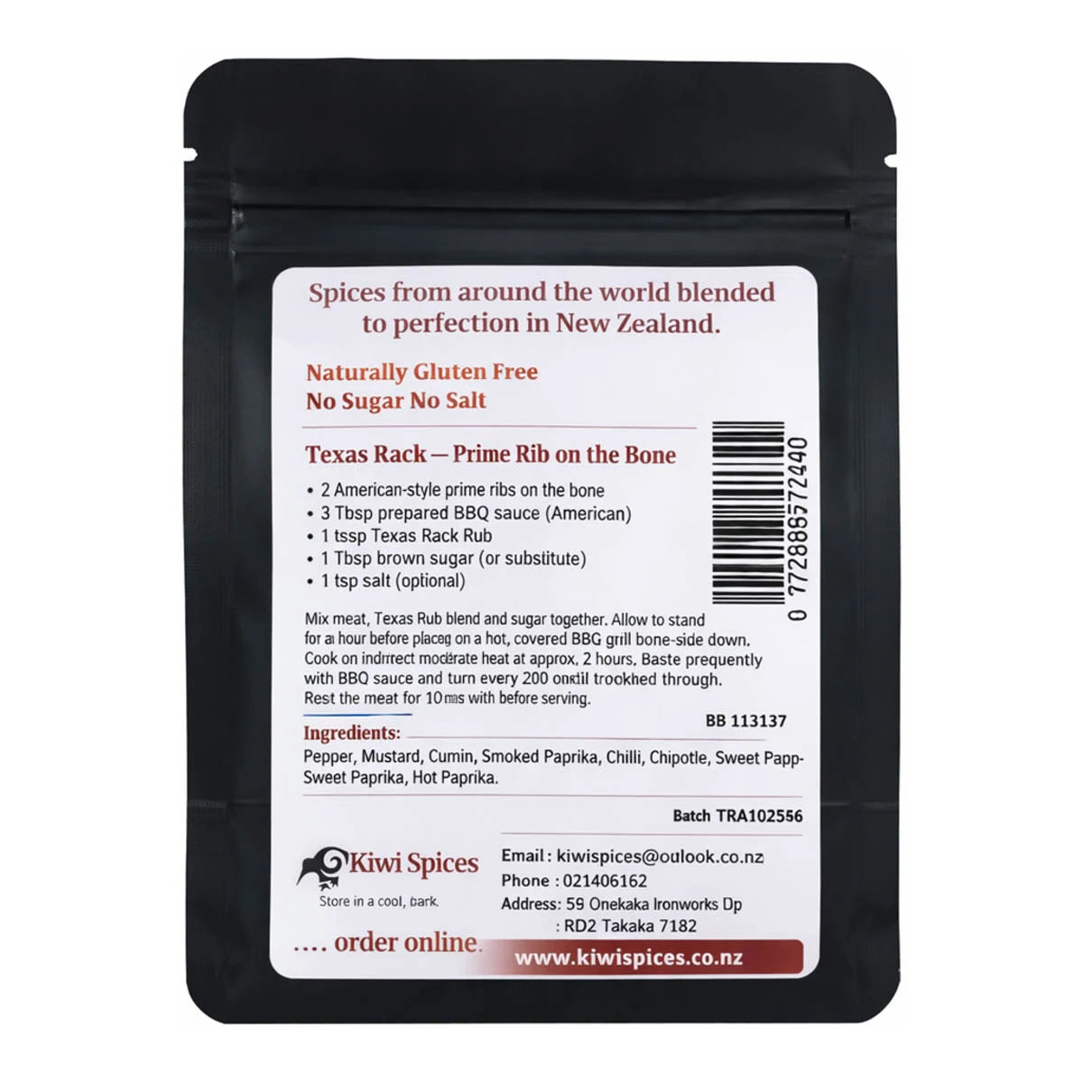 Back of texas rack spice packet with ingredients, usage and product information.