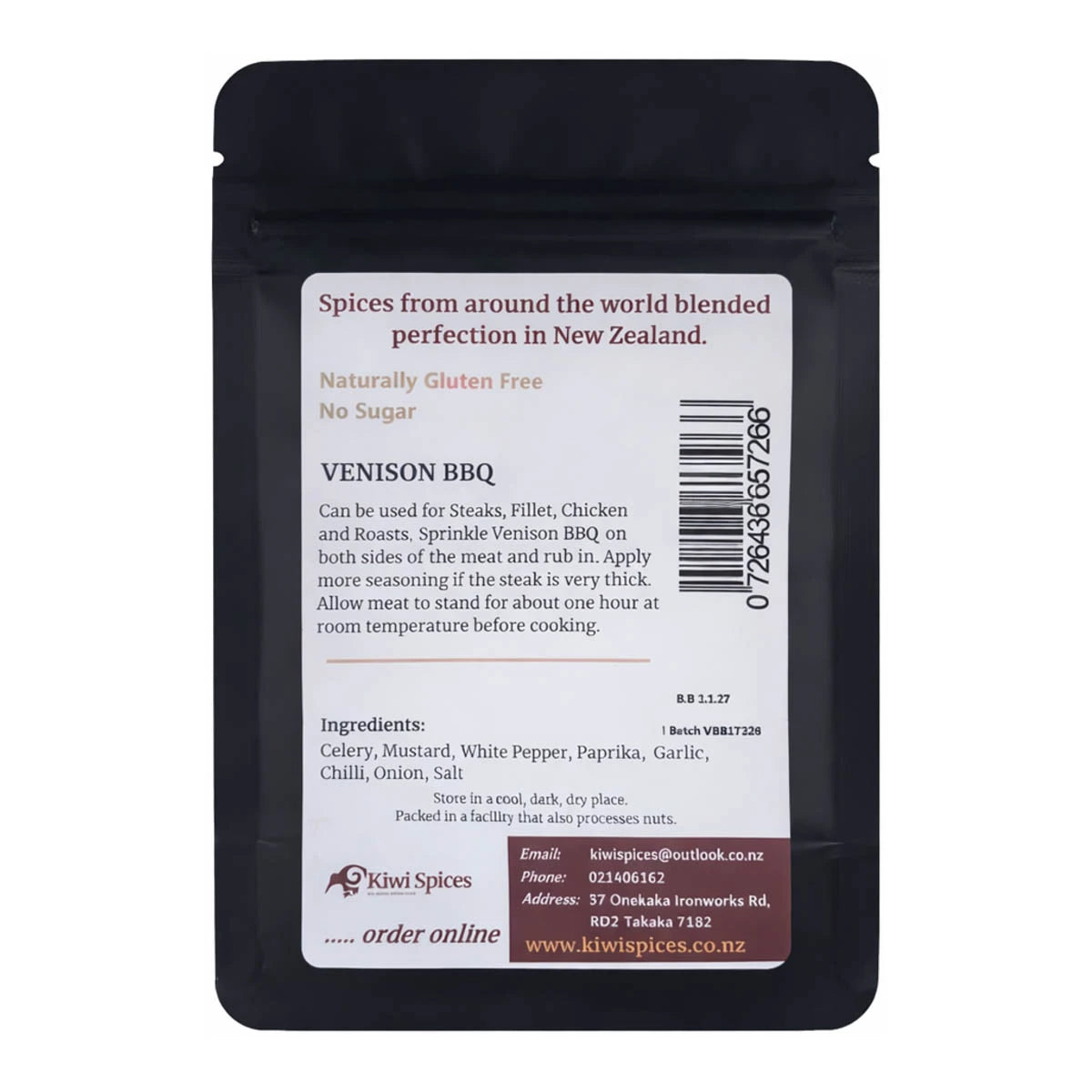Back of Venison BBQ spice packet with ingredients, uses & product details.