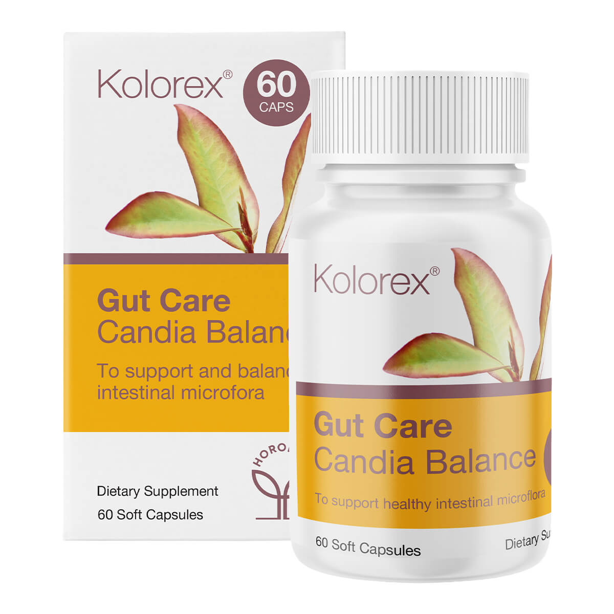 Kolorex Gut Care Candida Balance supplement bottle and packaging on a white background.