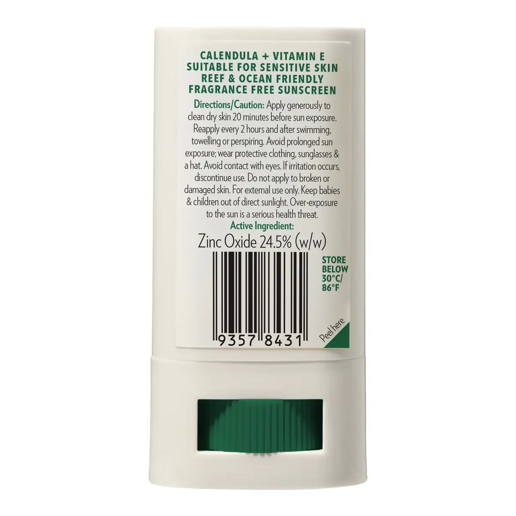 Back side of a white sunscreen stick container showing product details, directions, a barcode, and text indicating zinc oxide 24.5% (w/w) on a white background.