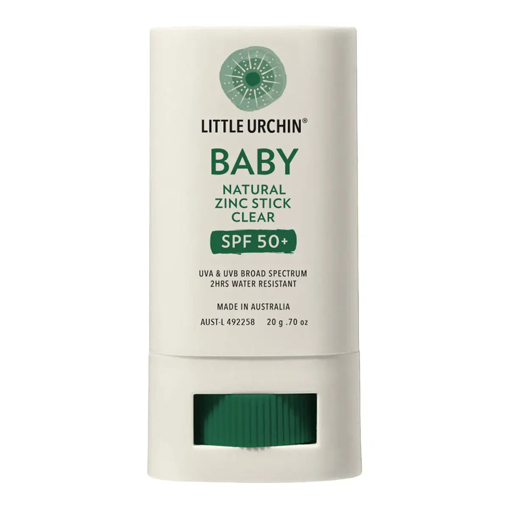 A white stick container of Little Urchin Baby Natural Zinc Stick Clear SPF 50+ with green text and a green cap window, shown on a plain white background.