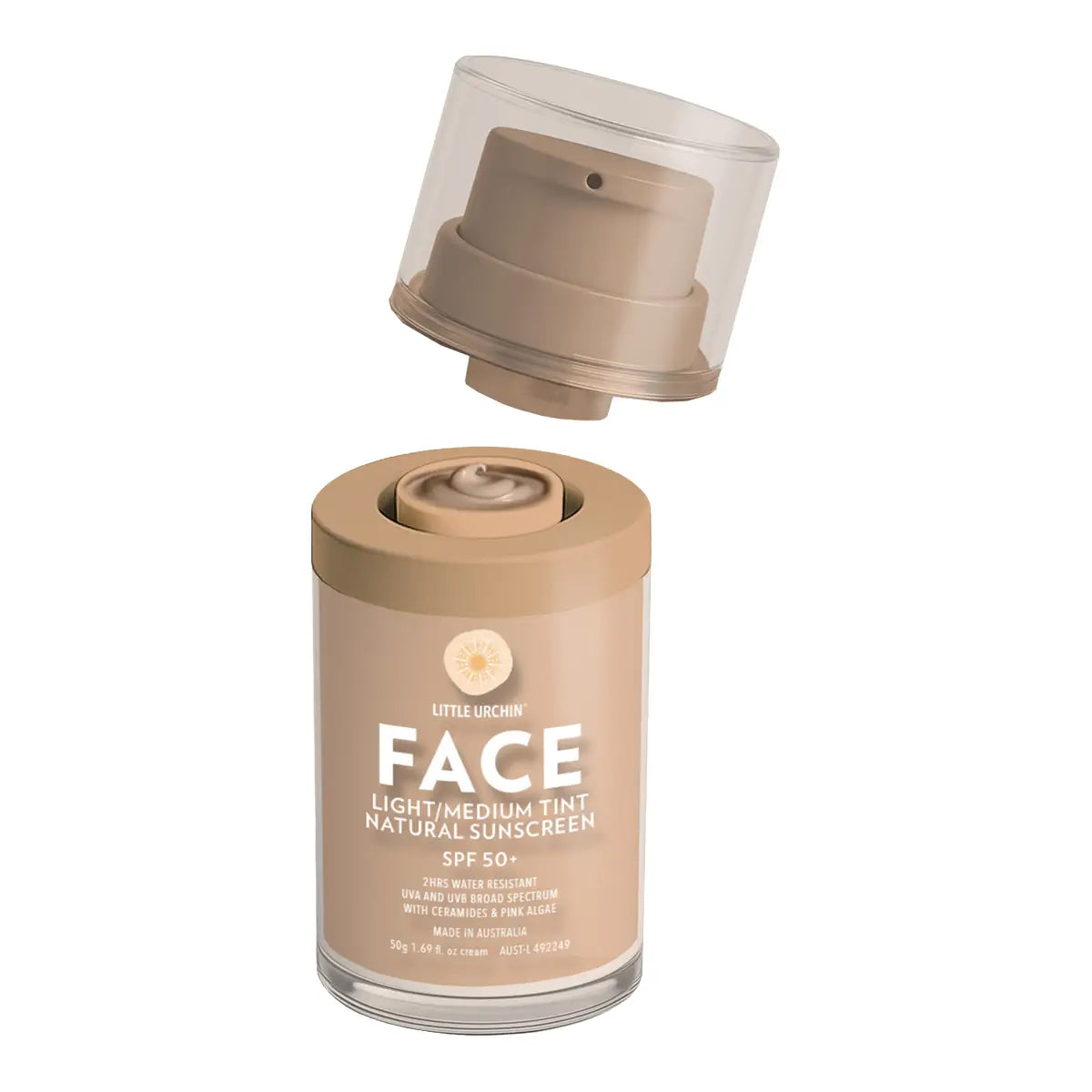 Little Urchin Face Light/Medium Tint Natural Sunscreen SPF 50+ in a clear cylindrical bottle with a beige pump, shown with the cap floating above on a white background.