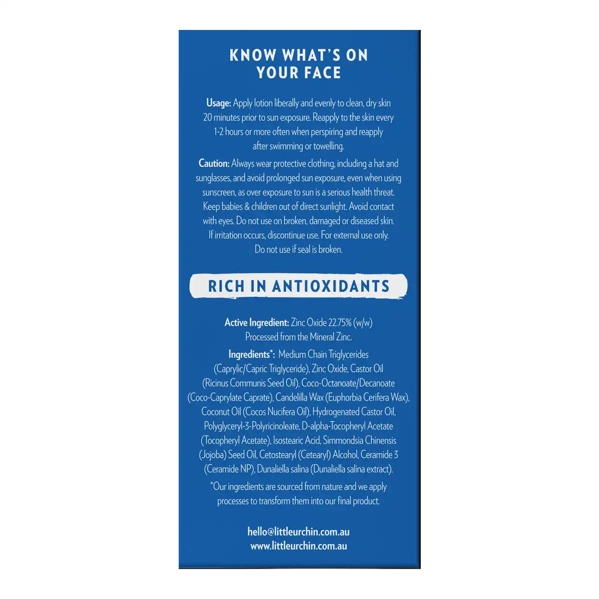 A blue product box for face sunscreen with white text detailing the usage, precautions, ingredients.
