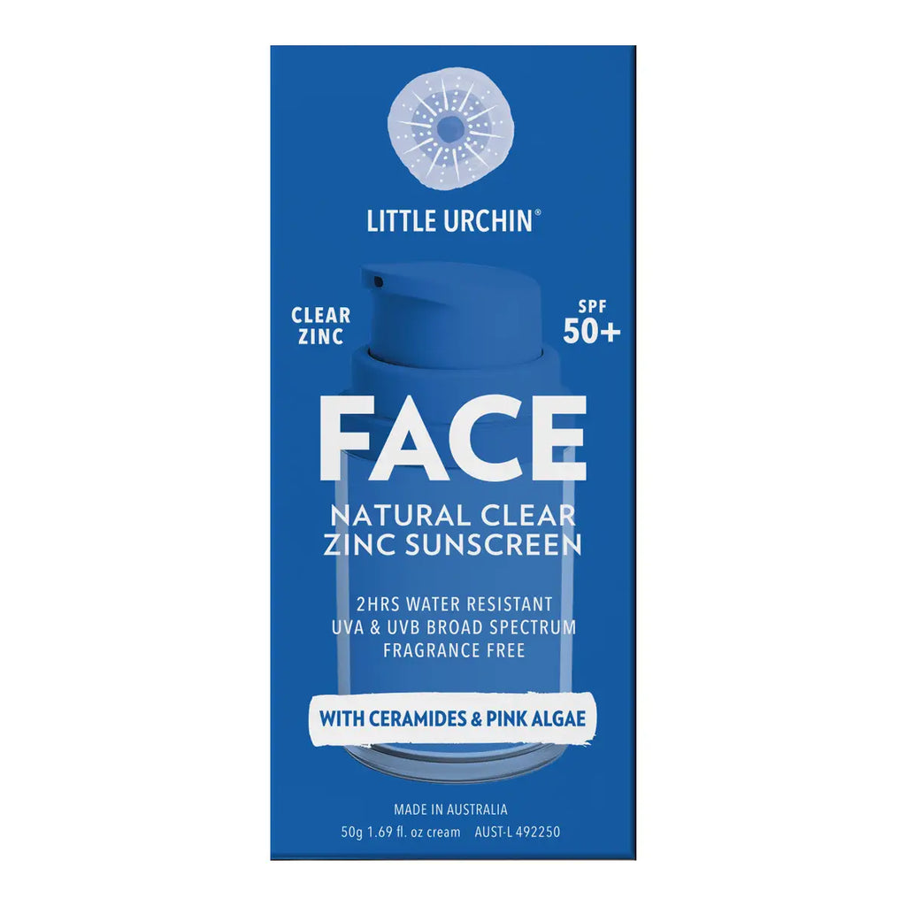 A tall blue rectangular box for Little Urchin Face Natural Clear Zinc Sunscreen SPF 50+, shown centered on a white background. The box features a blue pump illustration and white text.
