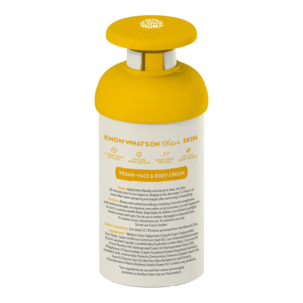A bottle of kids sunscreen on a solid white background. The bottle has a bright yellow cap and a cream-colored body with yellow text and icons.