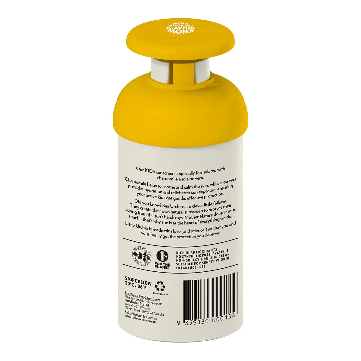 Back view of a kids sunscreen bottle, showing the white label with text and a yellow cap on a white background.