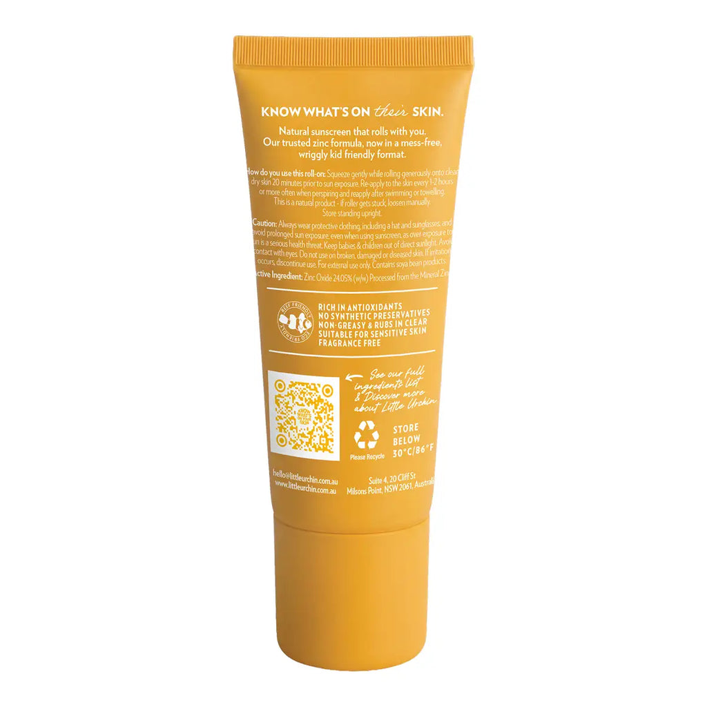 A single tube of kids sunscreen shown from the back, featuring a mustard yellow-orange color with white text and a QR code on a plain white background.
