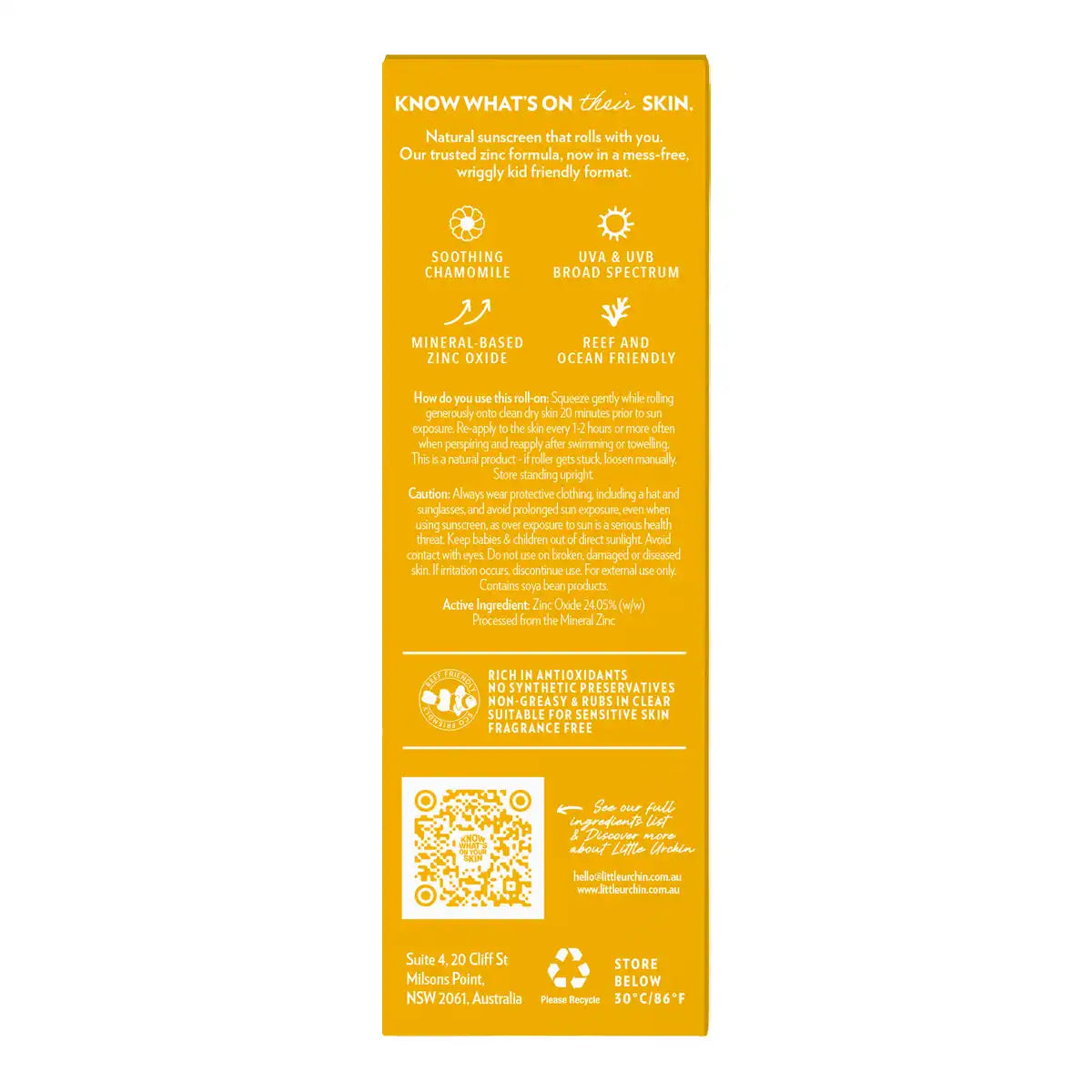 The back of a yellow sunscreen box, showing product information, ingredients, a QR code, and store details on a white background.