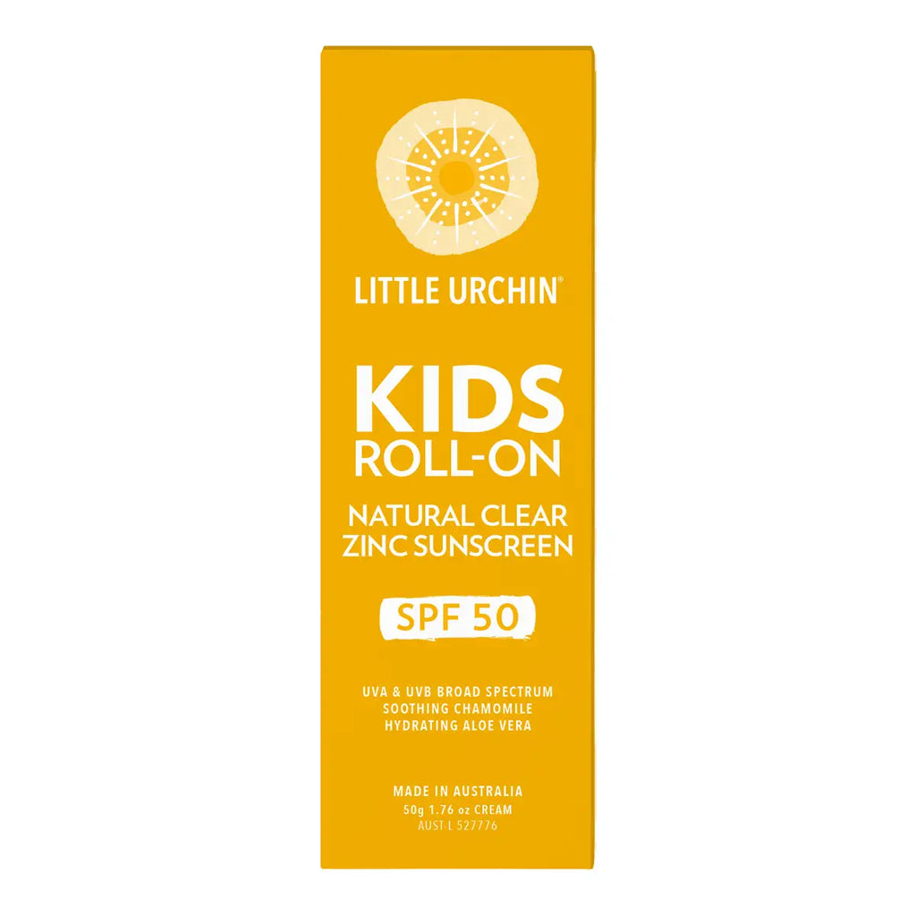 A rectangular yellow sunscreen box for kids, labeled 'Little Urchin Kids Roll-On Natural Clear Zinc Sunscreen', centered on a plain white background.