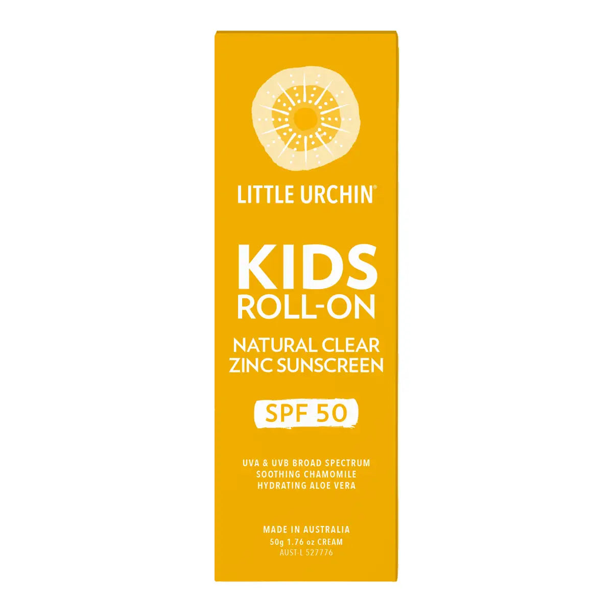 A rectangular yellow sunscreen box for kids, labeled 'Little Urchin Kids Roll-On Natural Clear Zinc Sunscreen', centered on a plain white background.