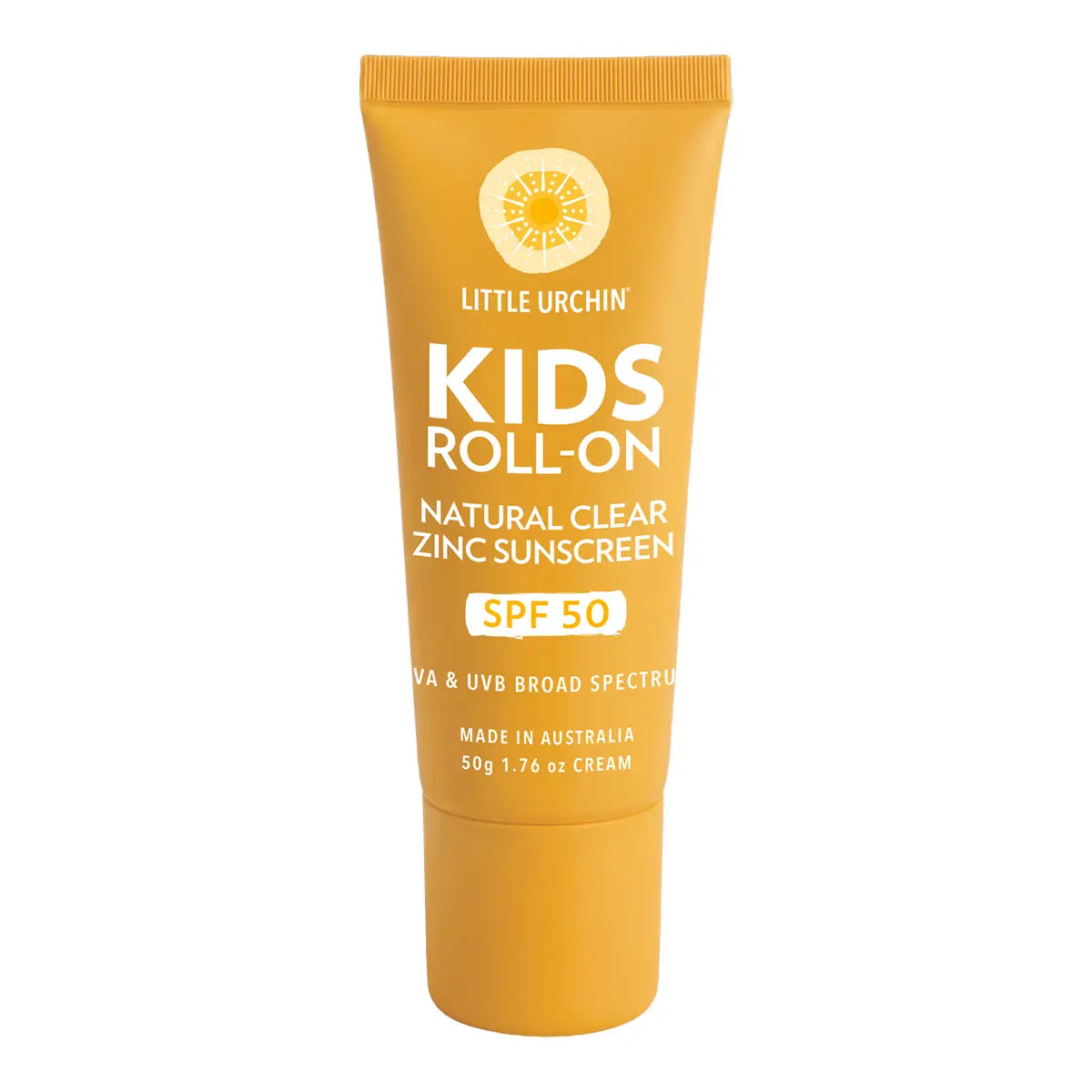 A tube of Little Urchin Kids Roll-On Zinc Sunscreen SPF 50 in a bright yellow-orange color, shown against a plain white background.