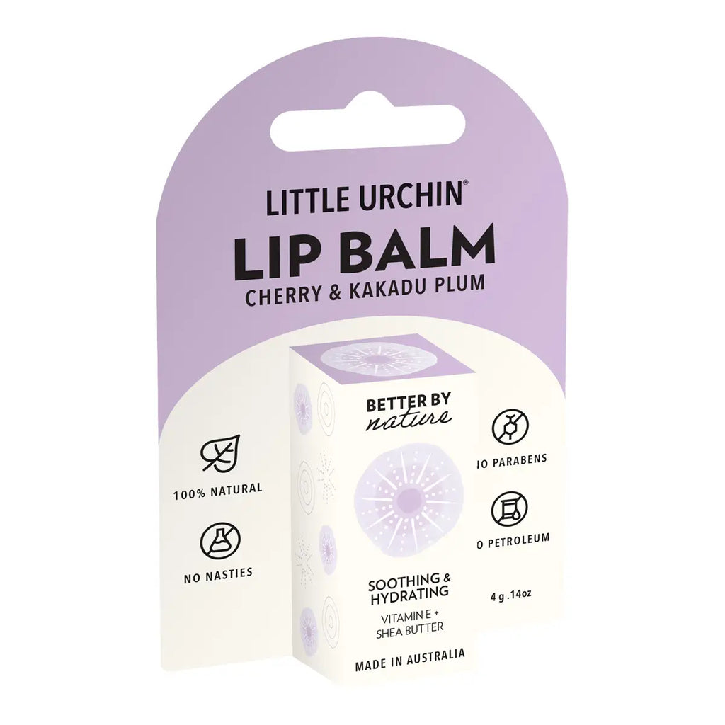 Little Urchin Cherry & Kakadu Plum lip balm in its retail packaging, featuring a lavender and white box with black text and icons.