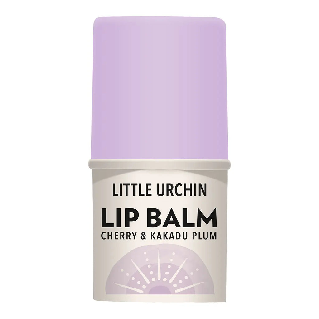 A lip balm tube by Little Urchin, featuring a light lavender purple cap and a white label with black text.