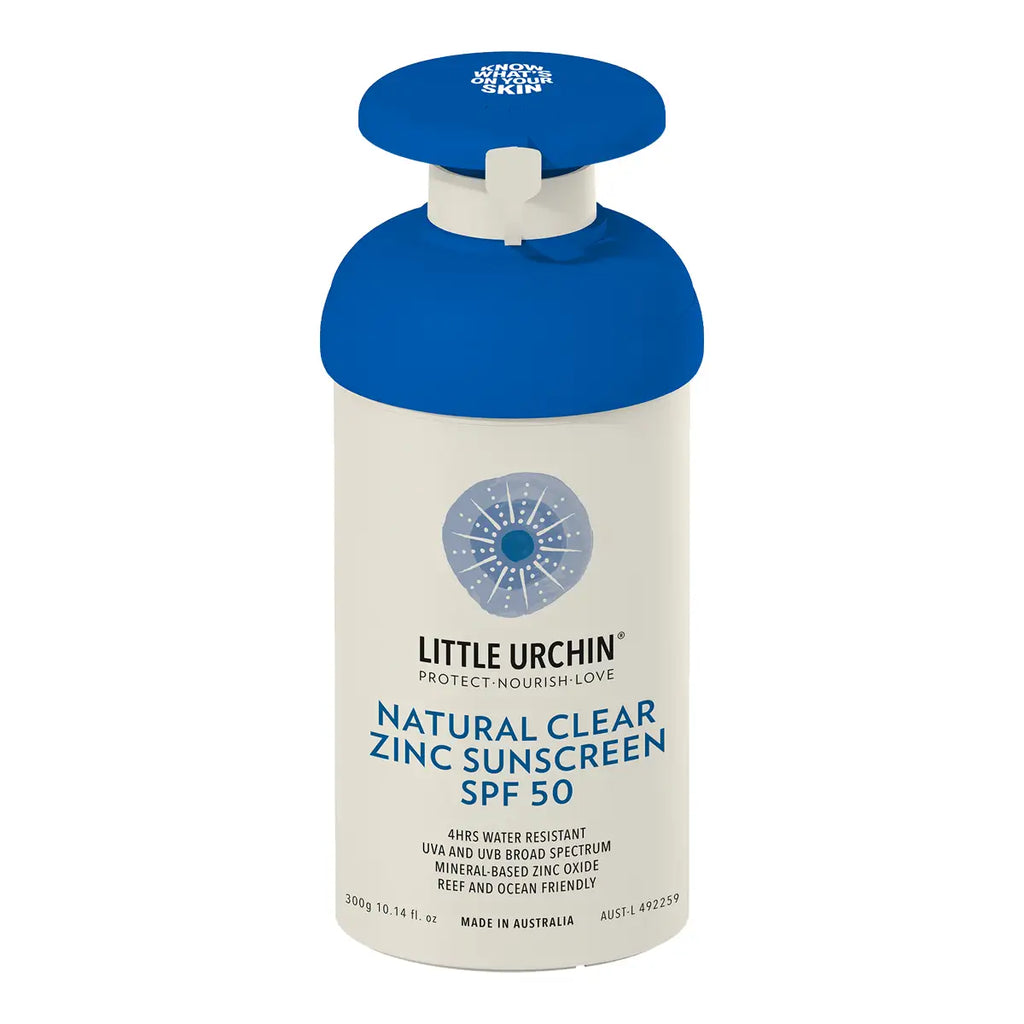 Little Urchin Natural Clear Zinc Sunscreen SPF 50 300g in a white pump bottle with a blue pump head and a blue label, on white