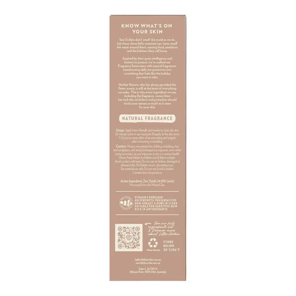 The back of a tall rectangular product box in a warm taupe-brown color, featuring white text with product information, ingredients, and a QR code, centered on a white background.