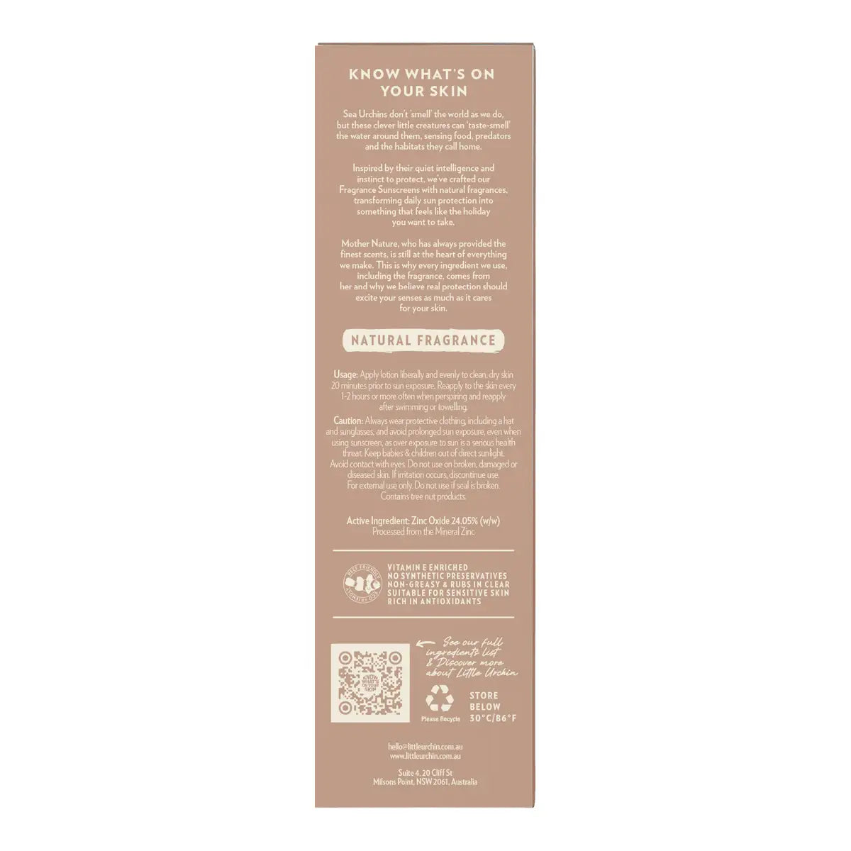 The back of a tall rectangular product box in a warm taupe-brown color, featuring white text with product information, ingredients, and a QR code, centered on a white background.