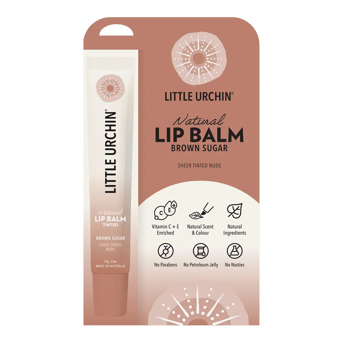 A tube of Little Urchin Natural Lip Balm in the Brown Sugar scent, shown inside its retail packaging card against a plain white background.