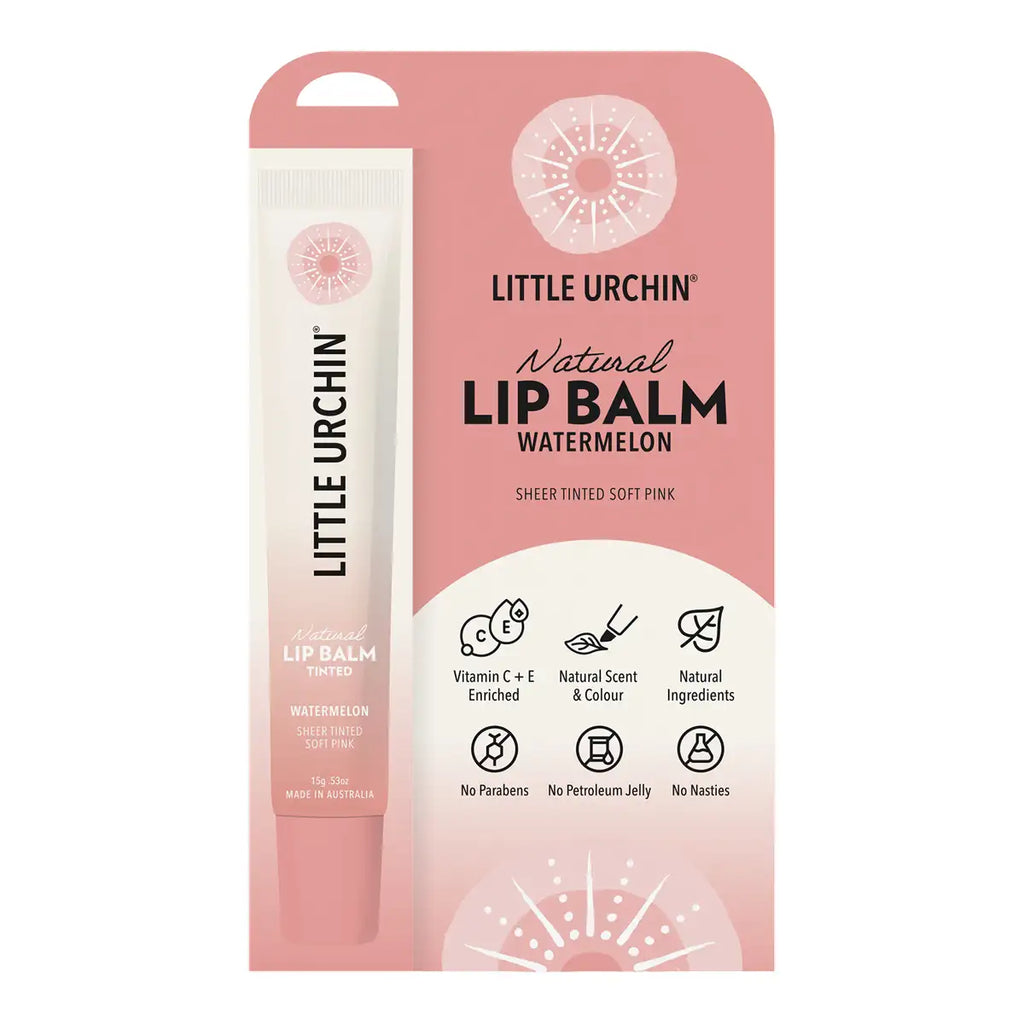 Little Urchin Natural Lip Balm in Watermelon scent, shown as a pink and white squeeze tube next to its retail packaging card on a plain white background.