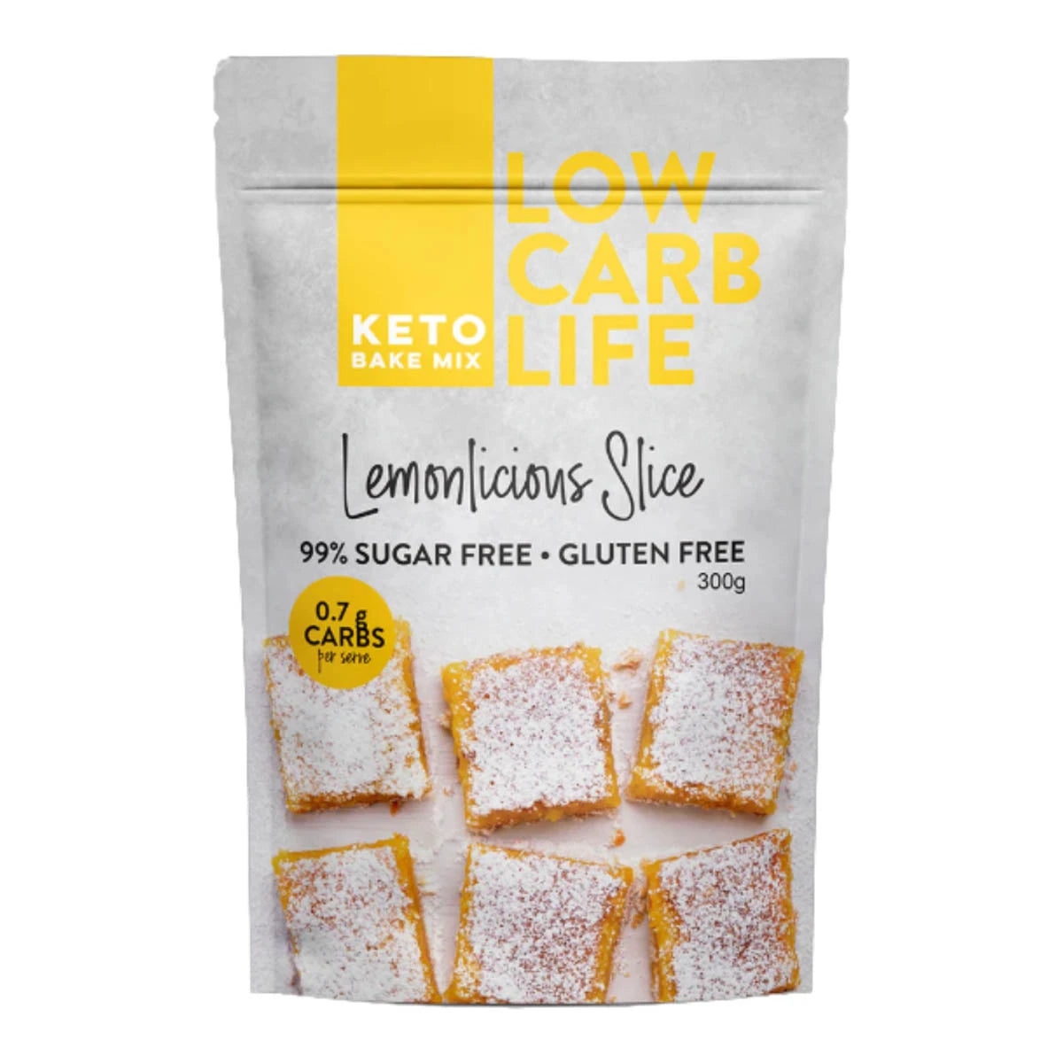 Package of Low Carb Life Lemonlicious Slice bake mix on a white background