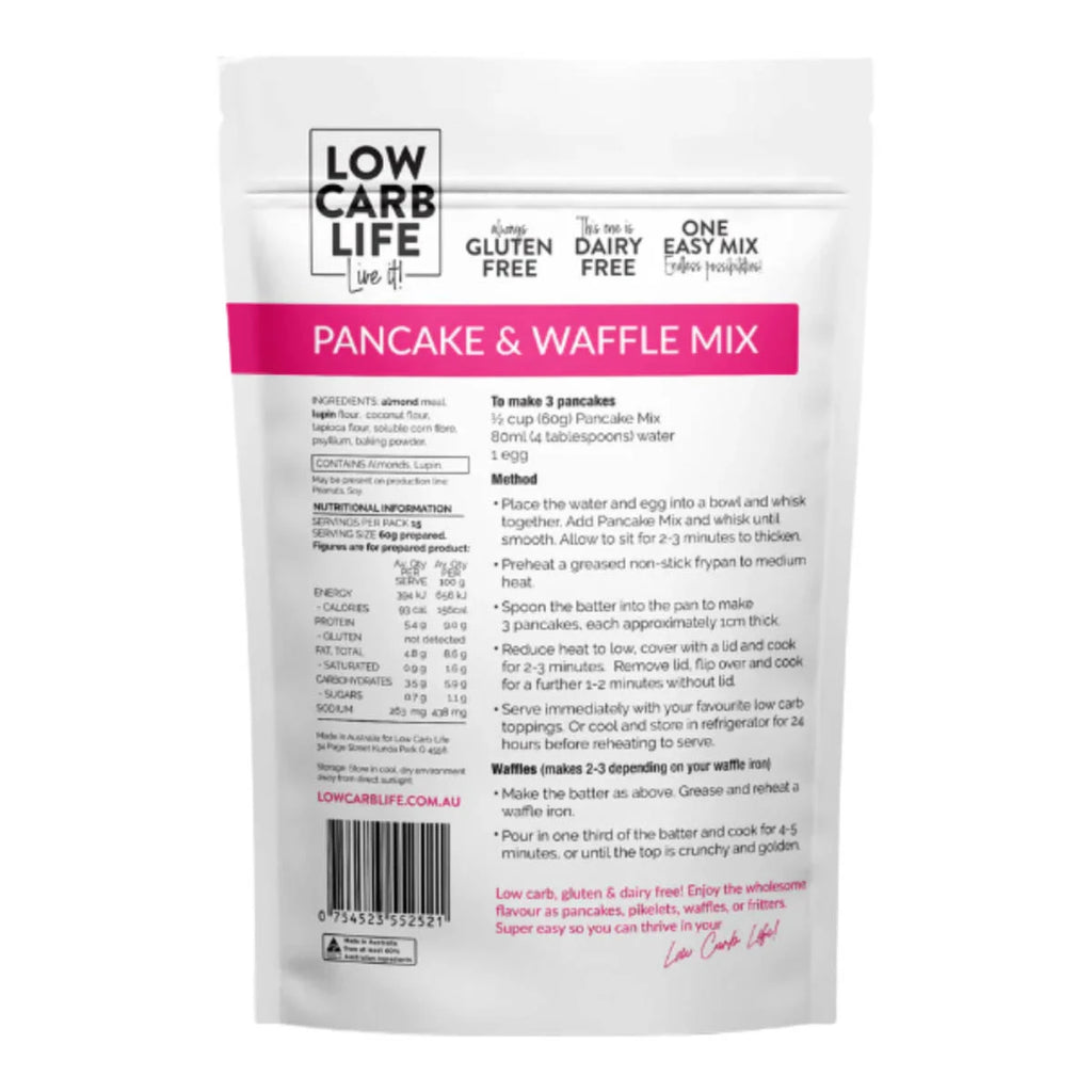 Low Carb Life Pancake & Waffle Mix packaging showing ingredients, nutritional information and directions with white background.