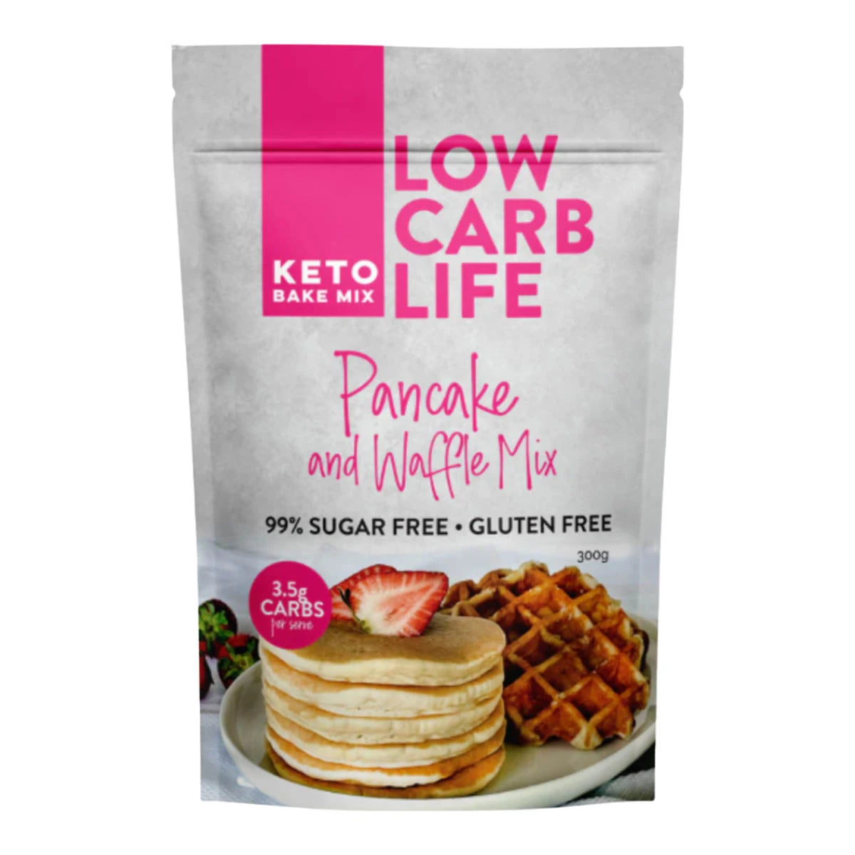 Low Carb Life Pancake and Waffle Mix packaging with images of pancakes and waffles on a white background.