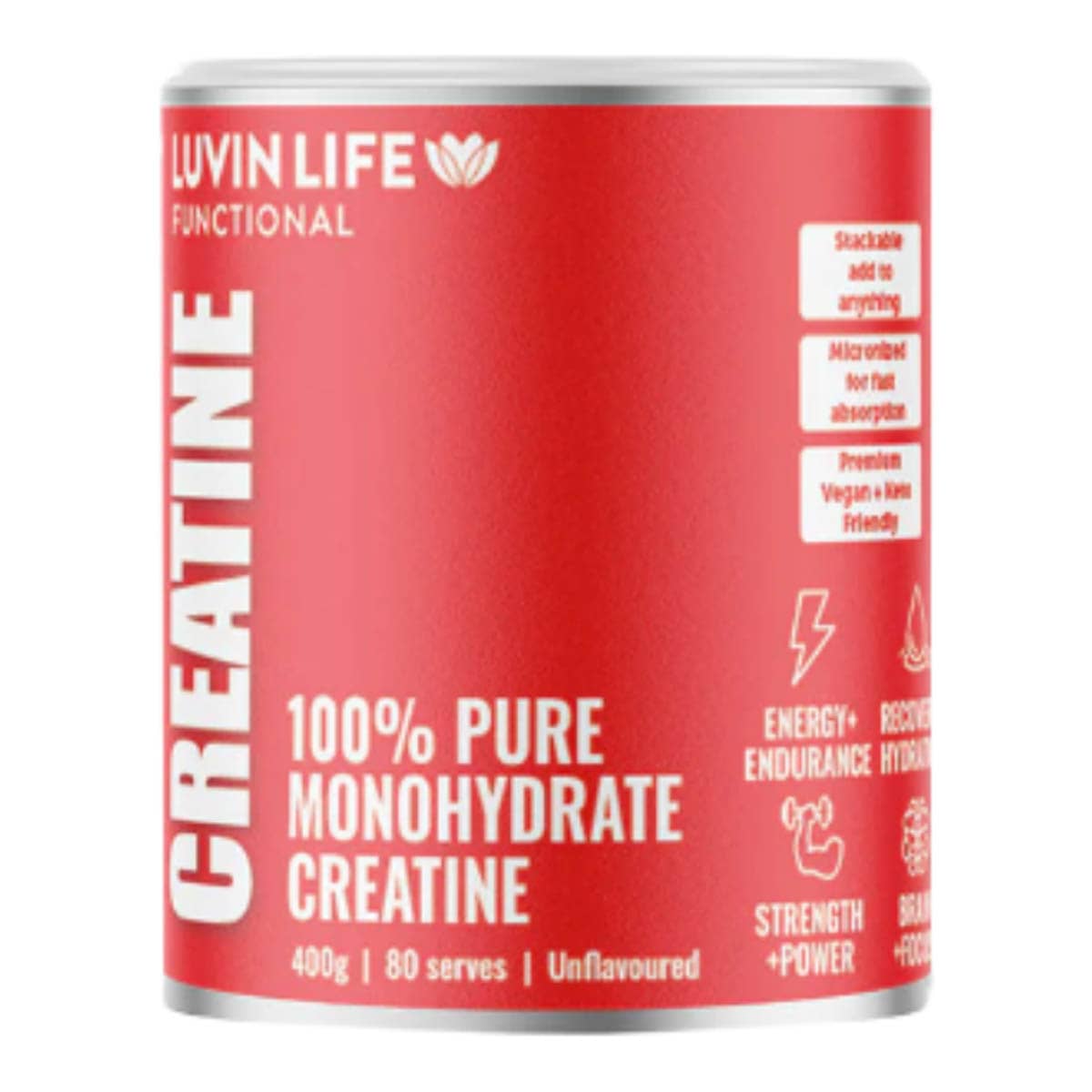 Red canister of Luvin Life Creatine on a white background