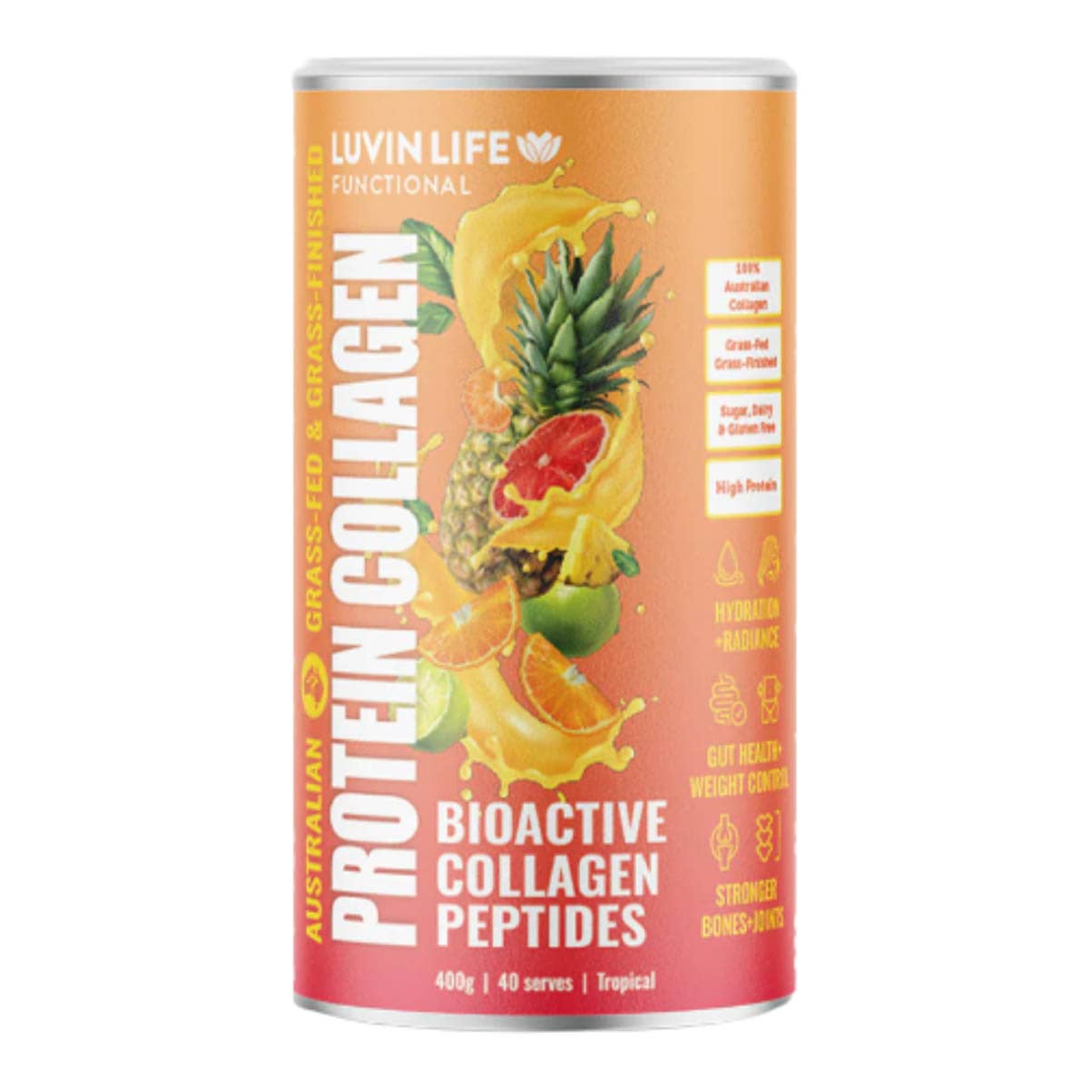 Can of Luvin Life Protein Collagen with fruit illustration on a white background.