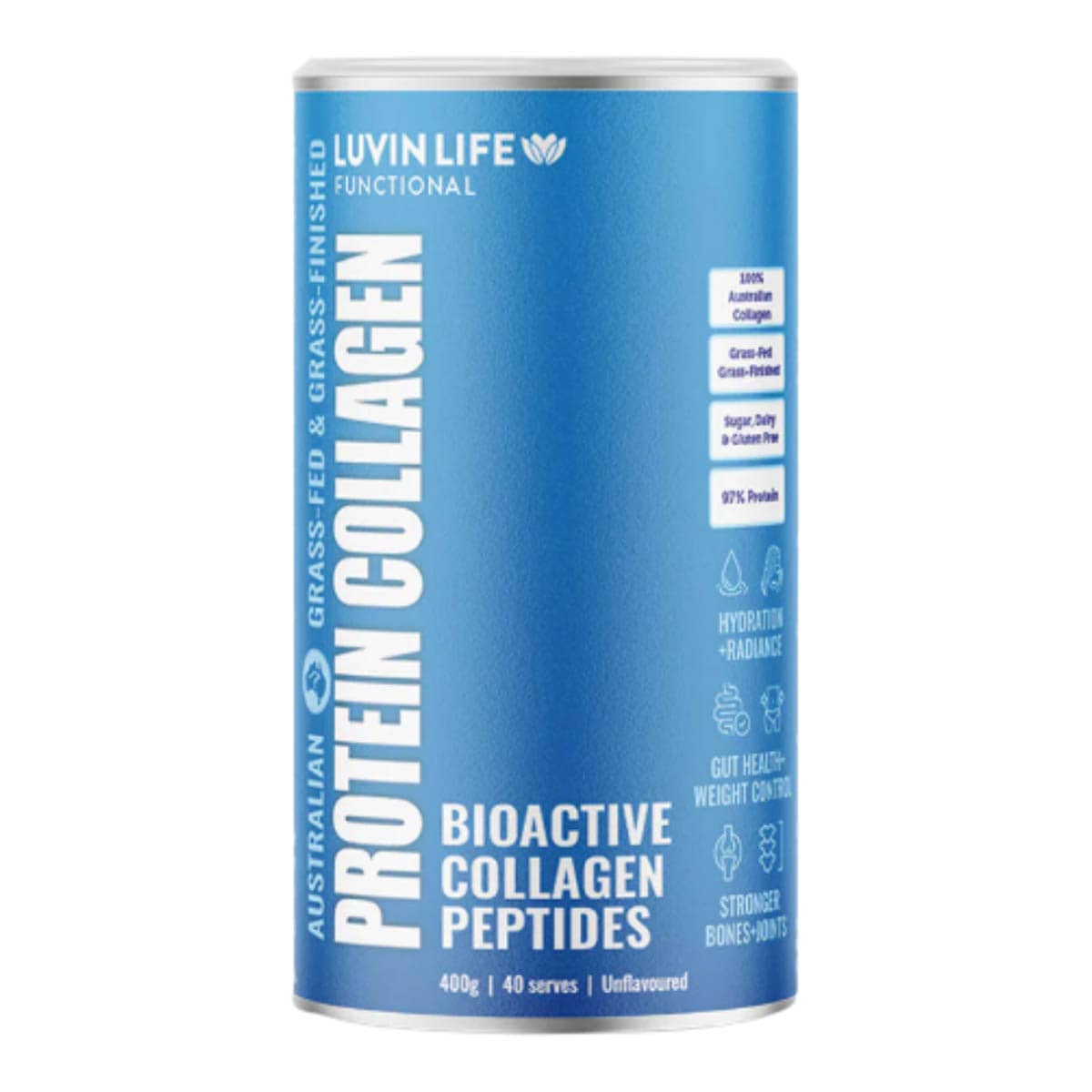 Blue canister of Luvin Life Protein Collagen on a white background.