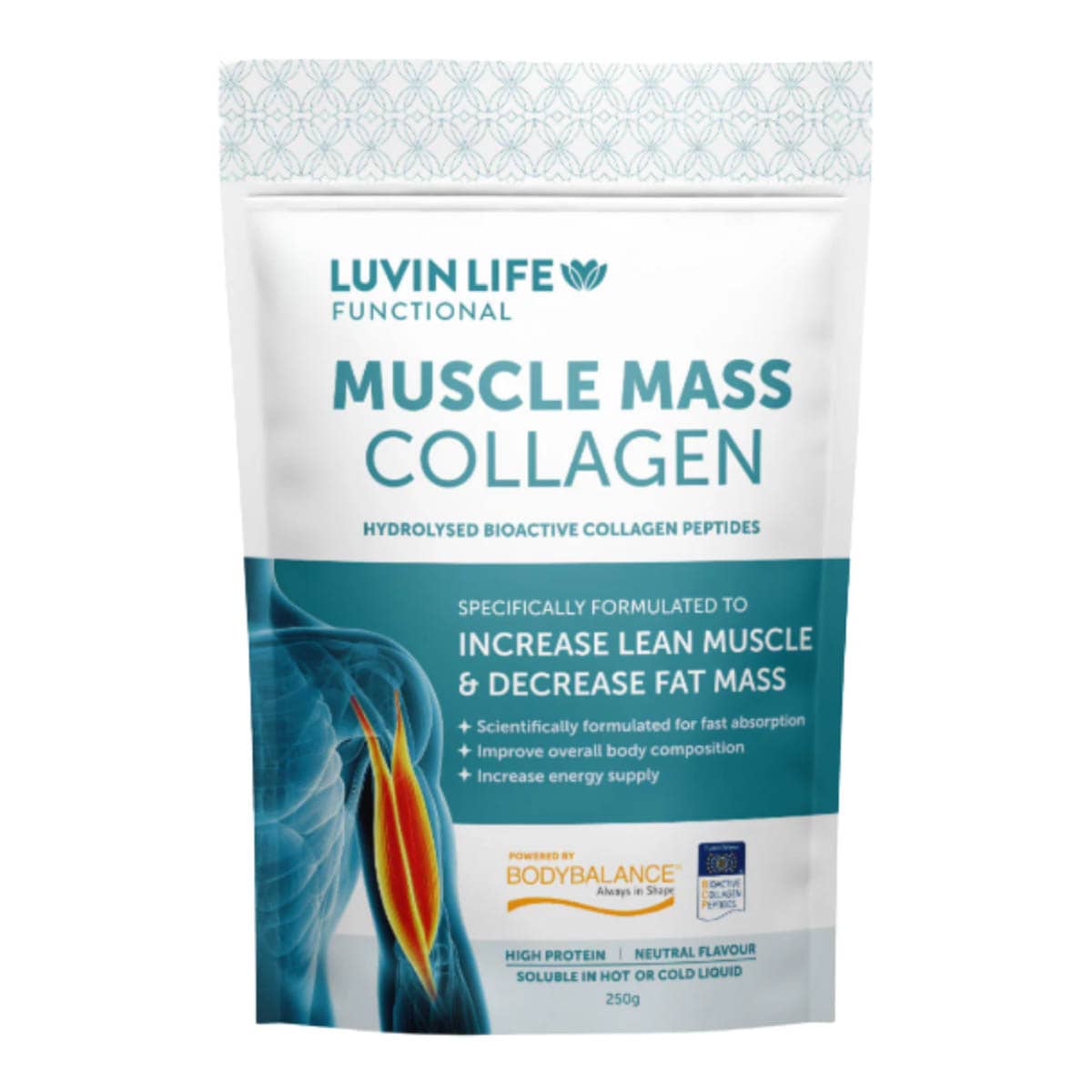 Luvin Life Muscle Mass Collagen package on a white background.