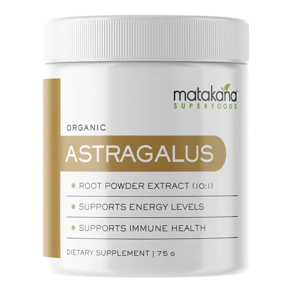 A white plastic jar of Matakana Superfoods Organic Astragalus Root Powder Extract.