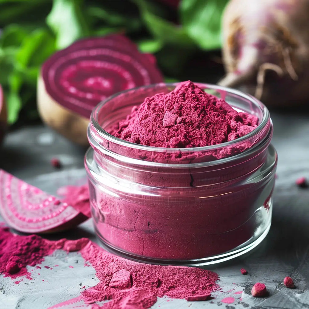 Matakana Superfoods Beetroot Juice Powder in a glass jar next to some fresh beetroot on a grey countertop with foliage in the background.