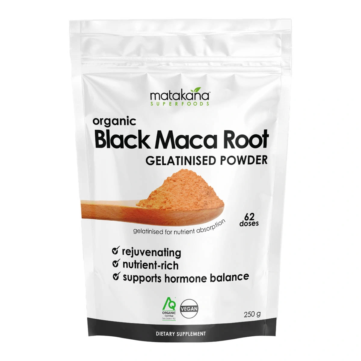 Package of Matakana Superfoods organic black maca root gelatinised powder on a white background