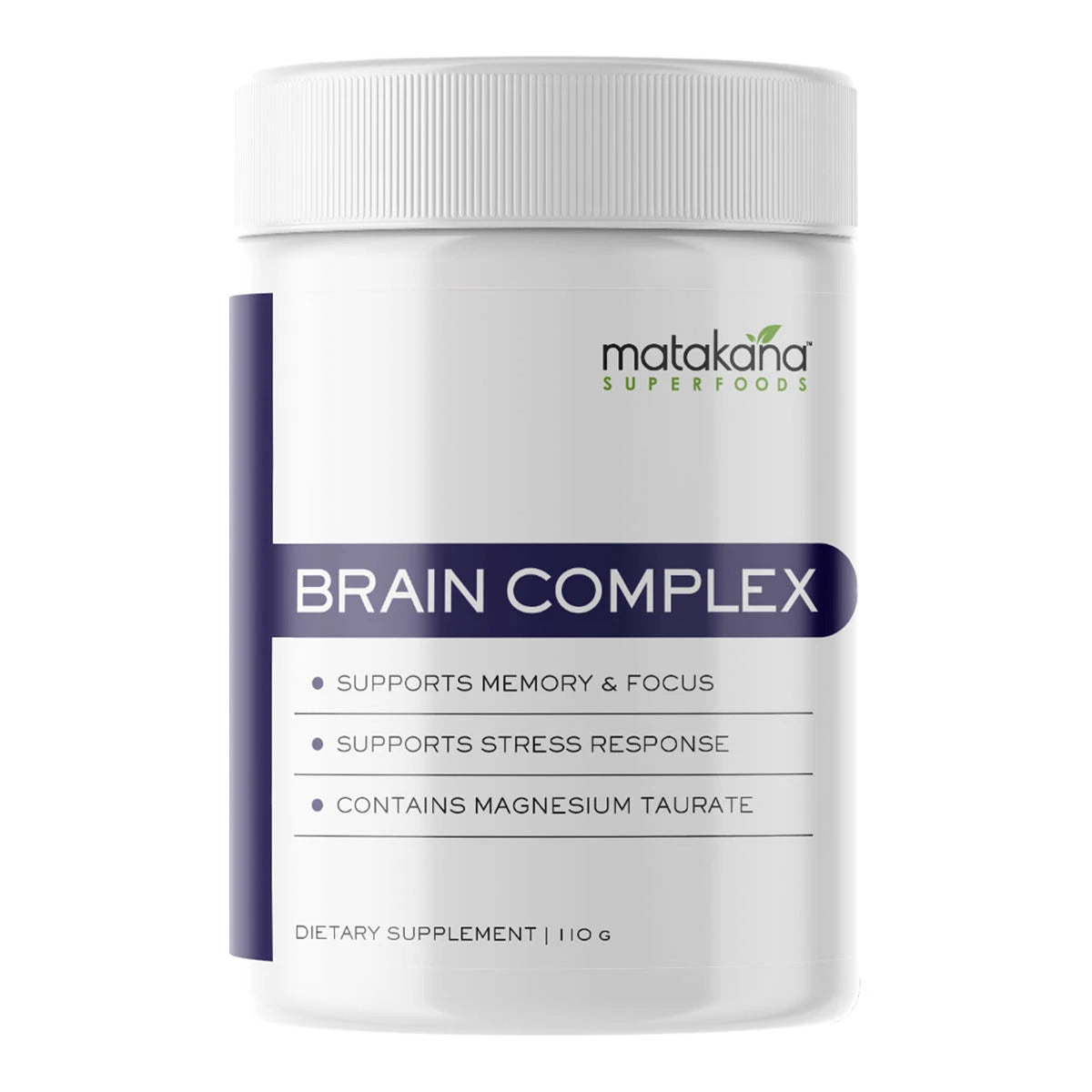 Matakana Superfoods Brain Complex 110g in a white container. Supports memory & focus, stress response, contains magnesium taurate.