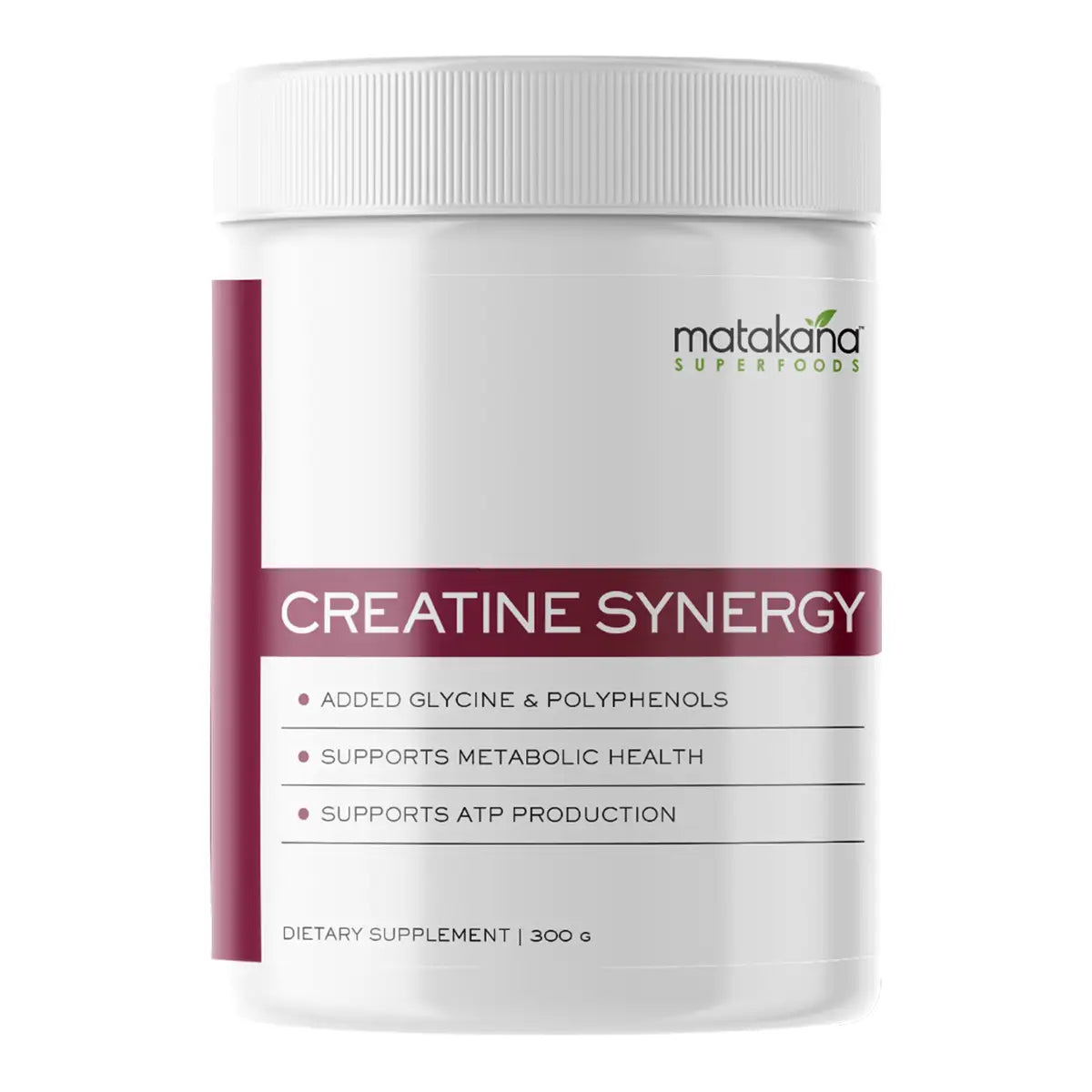 A white plastic tub of Matakana Superfoods Creatine Synergy dietary supplement, featuring a white ribbed cap and a label with a dark burgundy vertical stripe and text.