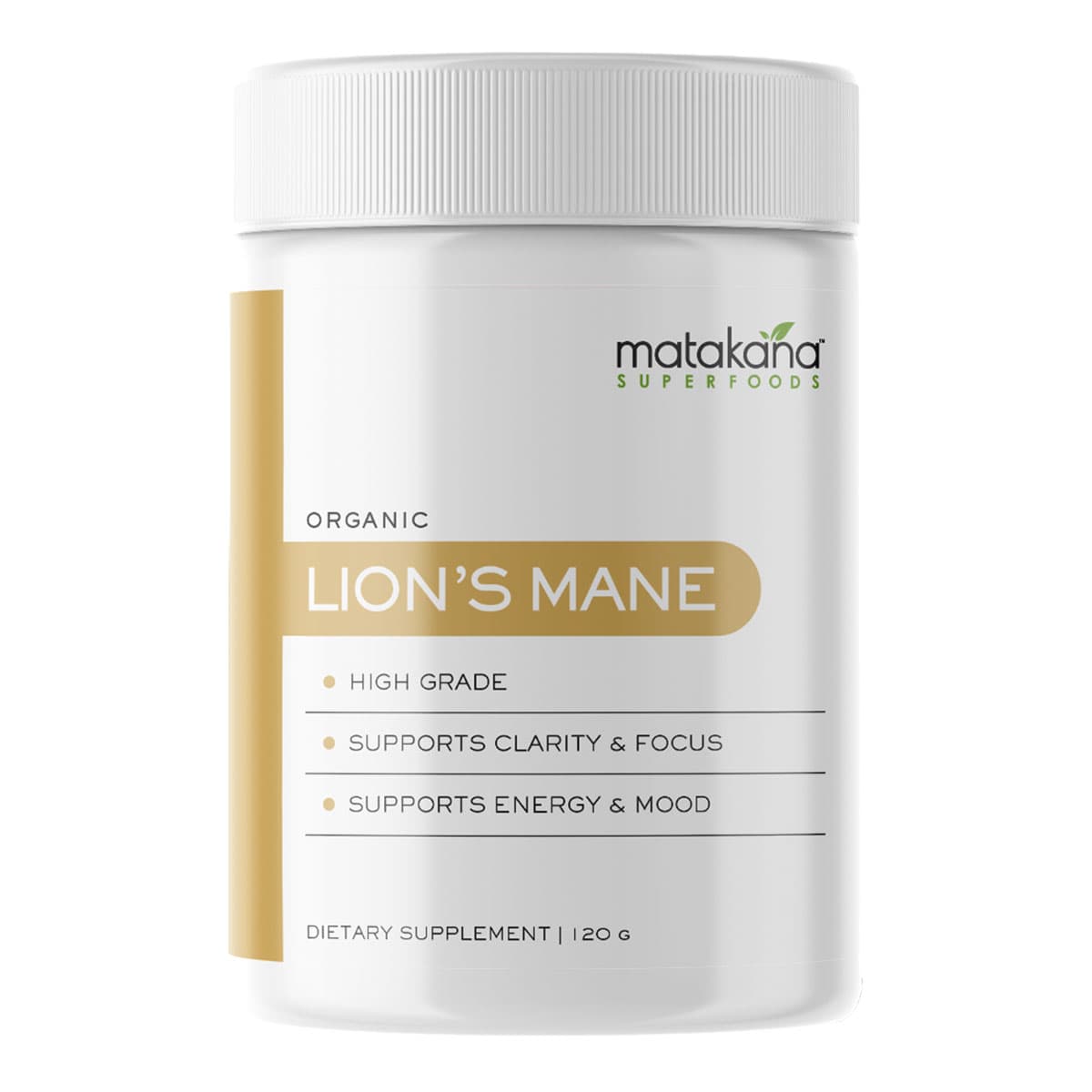 Supplement container labeled 'Lion's Mane' by Matakana Superfoods on a white background.
