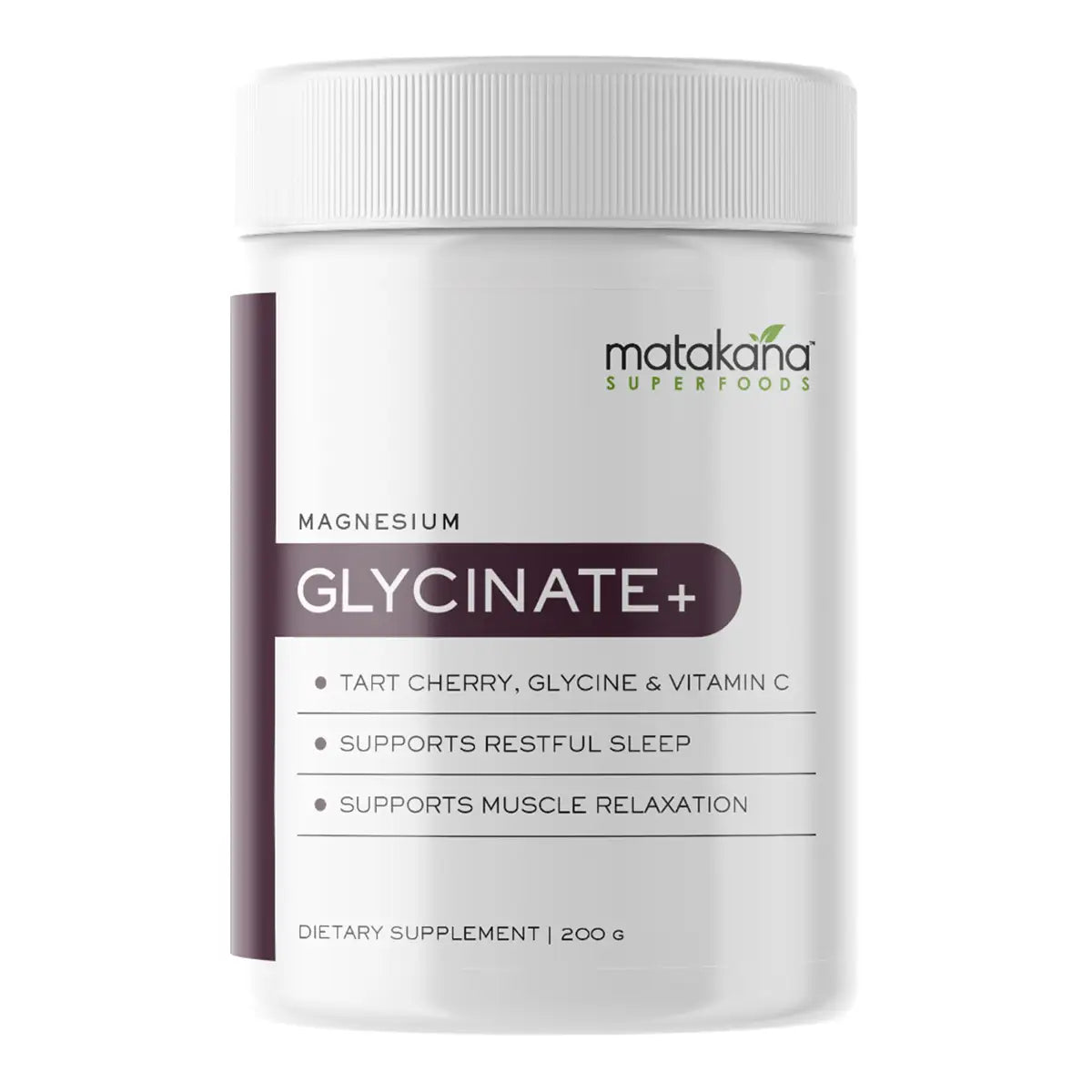 A white plastic tub of Matakana Superfoods Magnesium Glycinate+ dietary supplement, featuring a white ribbed cap and a label with a dark purple accent.