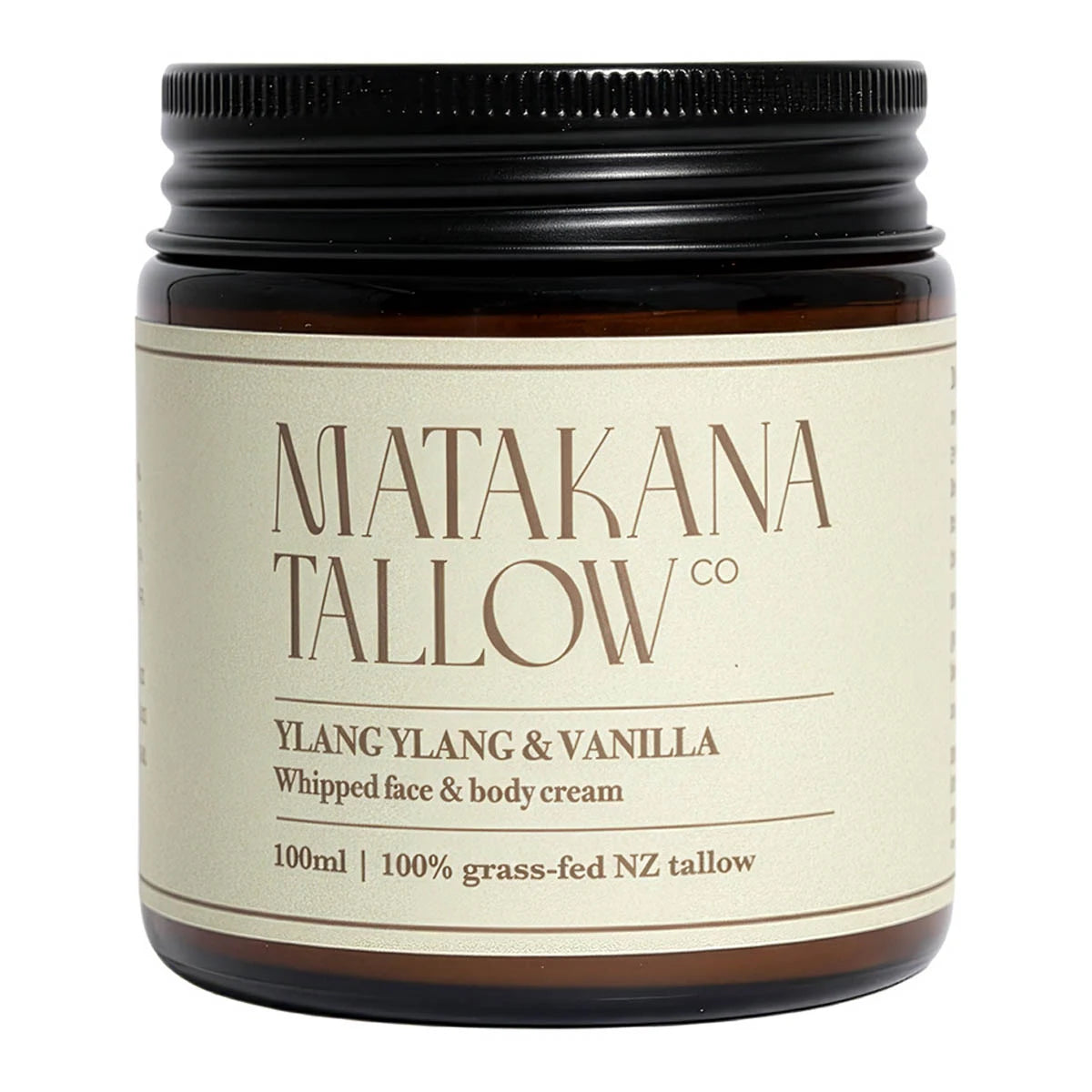 Jar of Matakana Tallow Co Ylang Ylang & Vanilla whipped face & body cream on a white background