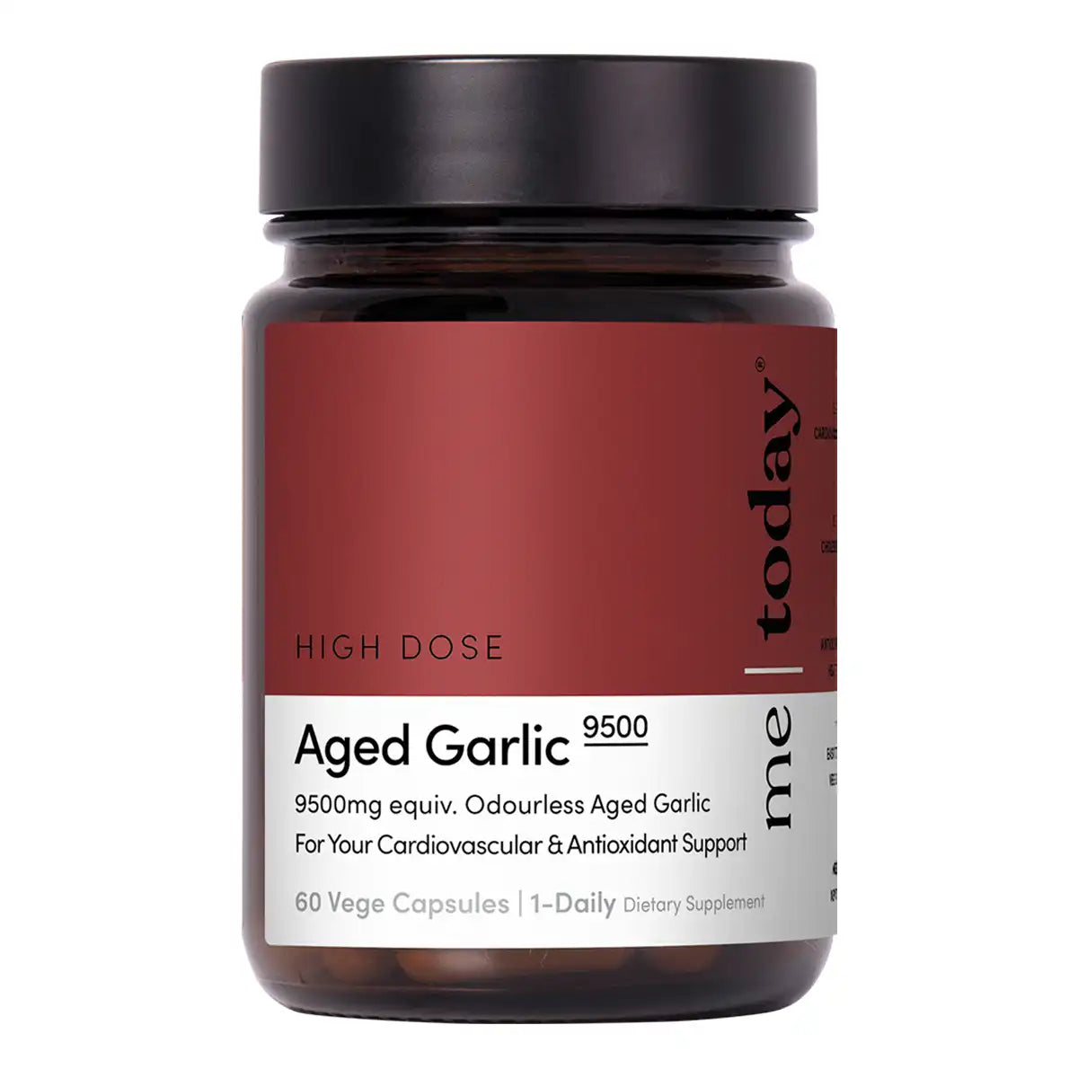 A bottle of High Dose Aged Garlic 9500 supplement capsules, featuring a dark amber glass bottle, a black cap, and a label with a dark red top half and a white bottom half.