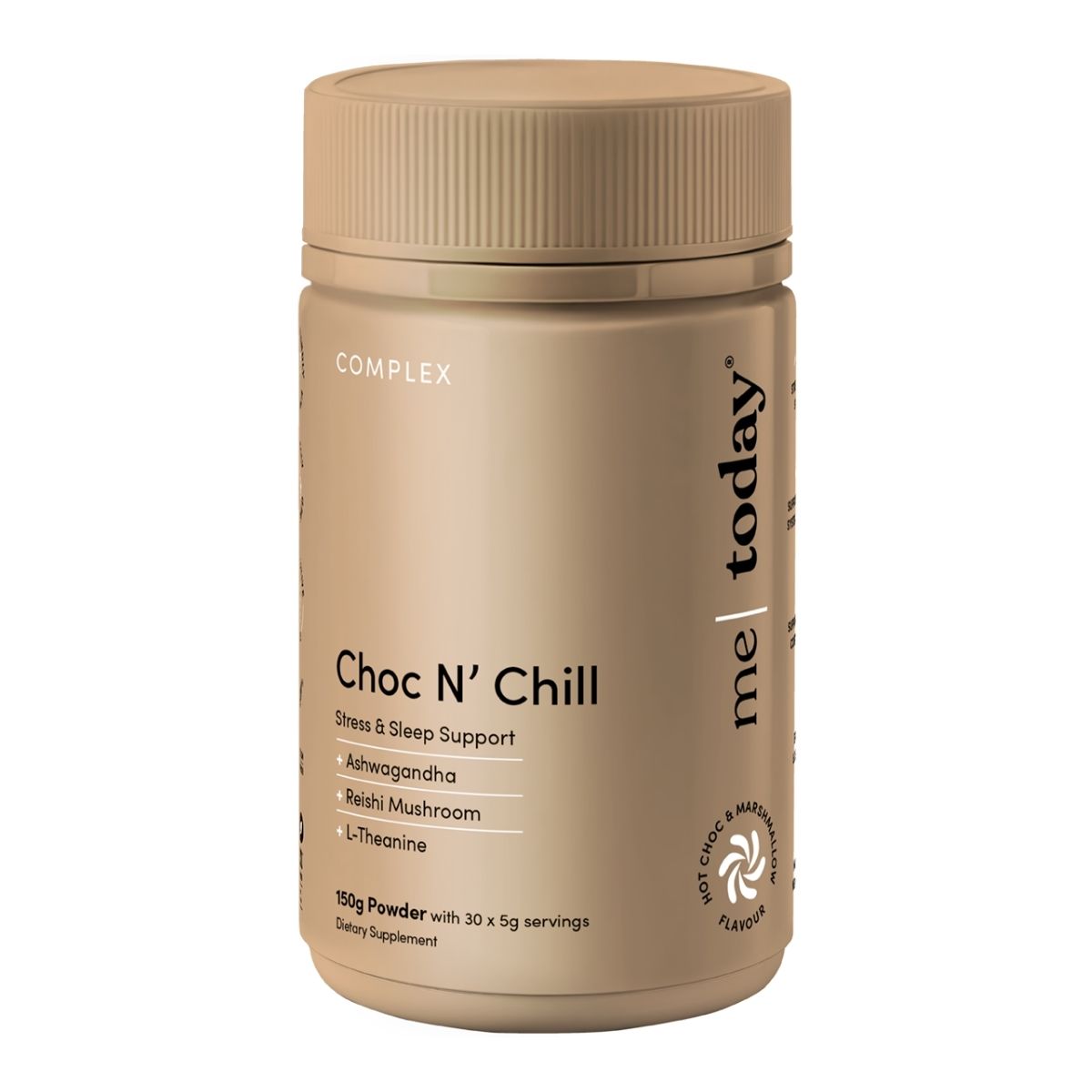 Beige supplement container labeled 'Choc N' Chill' on a white background