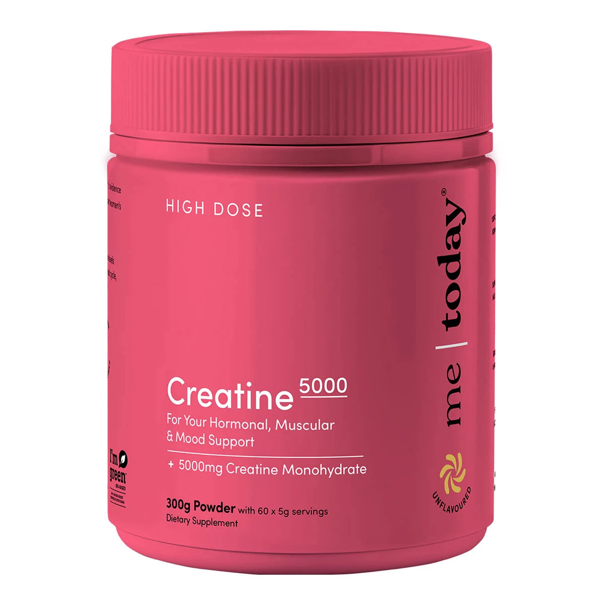 Front of Me Today Creatine 5000 high dose in a pink container. 300g powder with 60 x 5g servings. For hormonal, muscular & mood support.