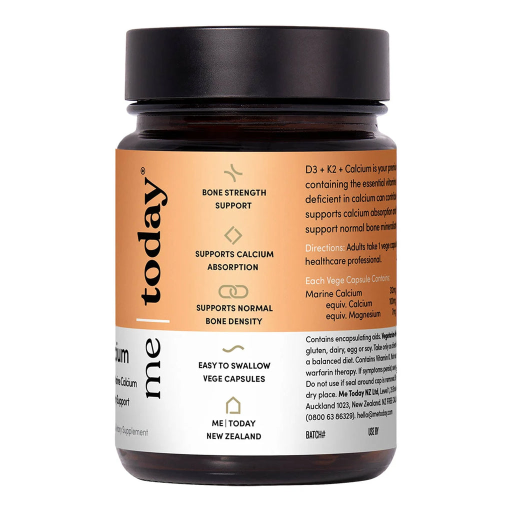 A bottle of 'me today' bone strength support dietary supplement capsules, featuring a black cap and a label with a peach-orange top half and a white bottom half.