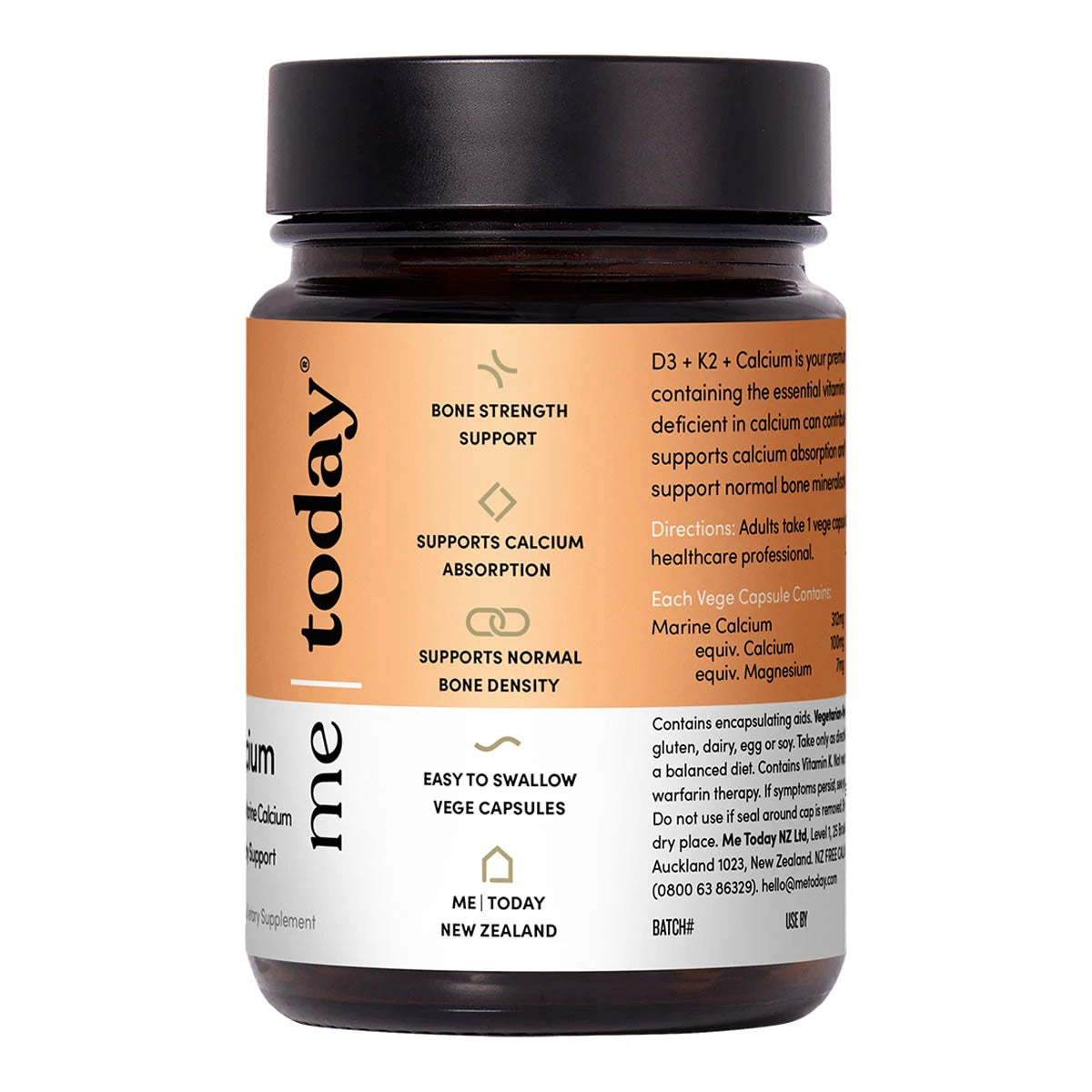 A bottle of 'me today' bone strength support dietary supplement capsules, featuring a black cap and a label with a peach-orange top half and a white bottom half.