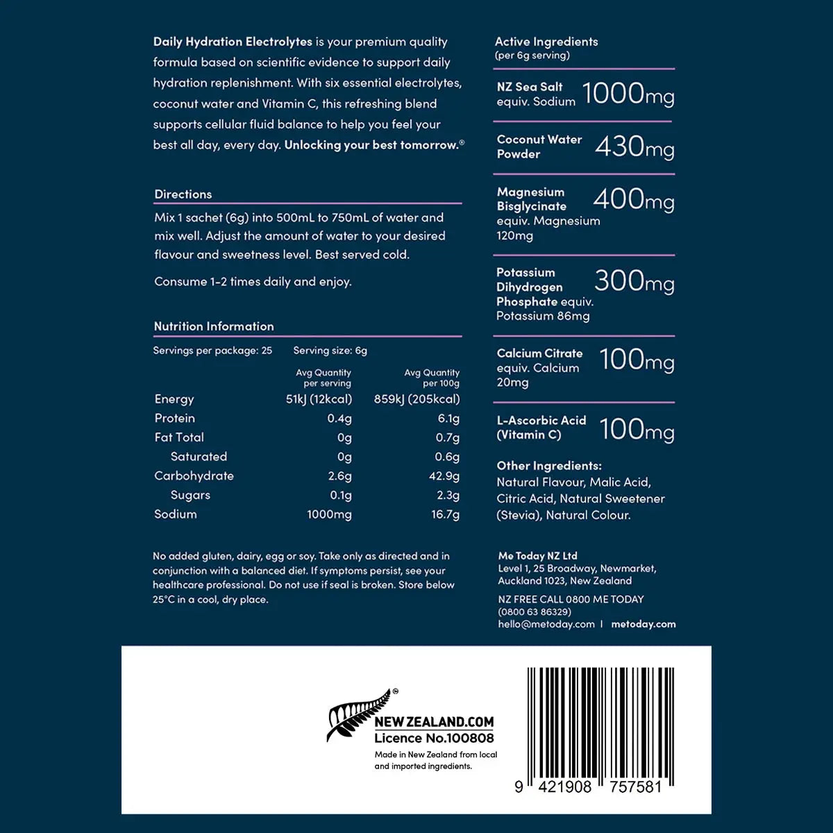 Back of daily hydration electrolytes packaging with nutritional information, directions & ingredients.