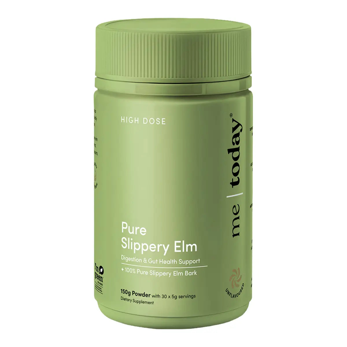 A light green plastic bottle Pure Slippery Elm supplement powder, shown against a plain white background.