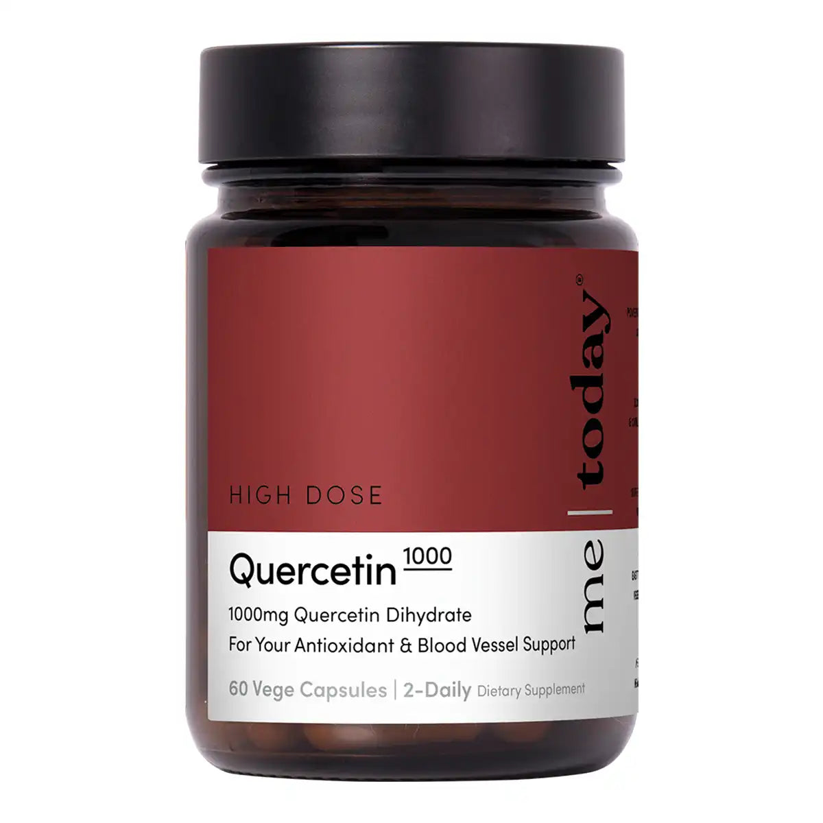 A dark amber supplement bottle with a black cap and a maroon and white label reading 'Quercetin 1000'.