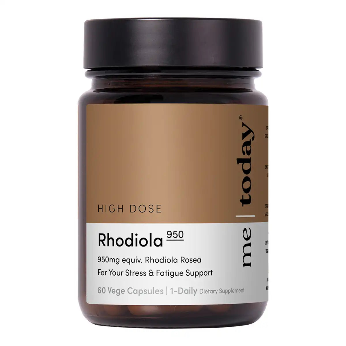 A bottle of Rhodiola 950 supplement capsules, featuring an amber brown bottle, a black cap, and a label with a brown upper section and a white lower section.