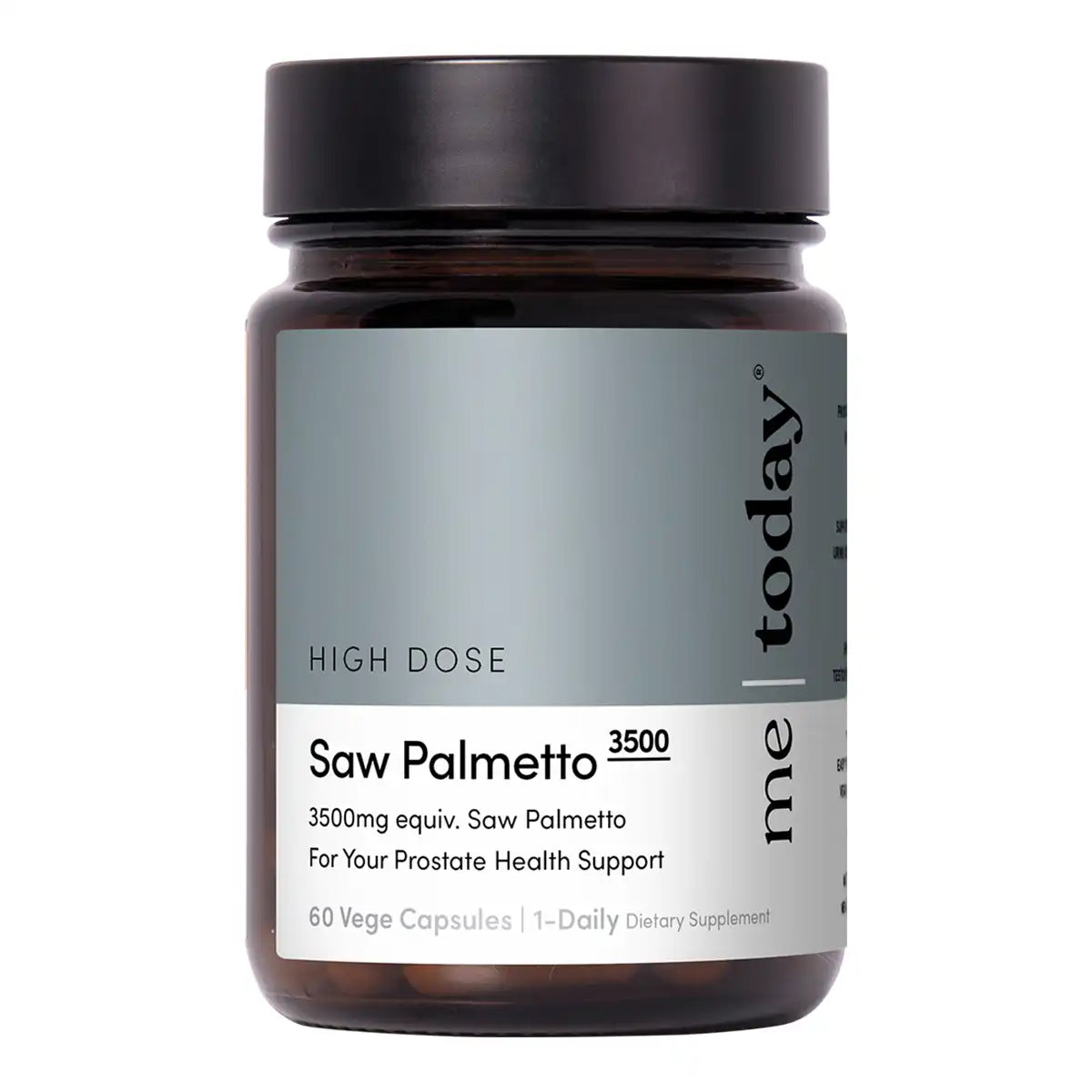 A dark amber bottle of Saw Palmetto 3500 supplement with a black cap and a gray and white label.