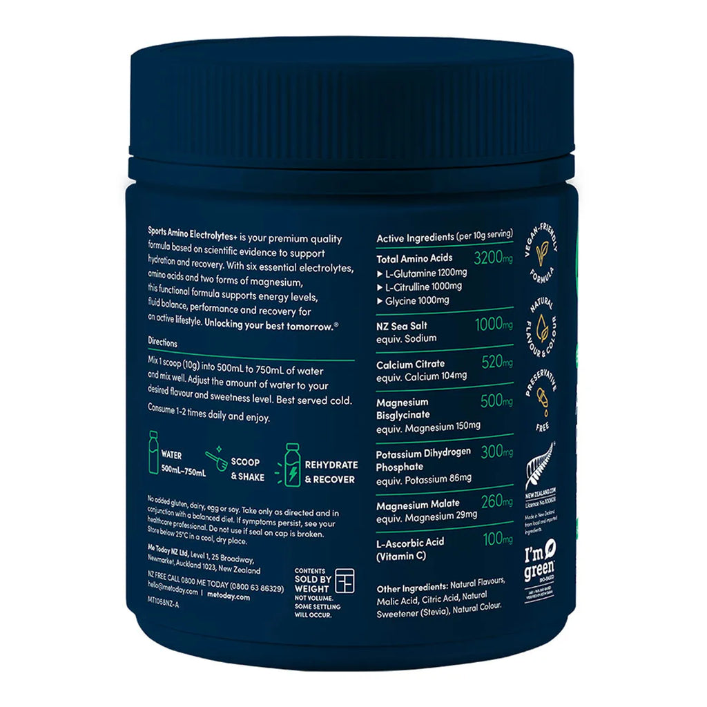 A dark navy blue tub of Sports Amino Electrolytes with a matching lid, showing the back label with white text detailing ingredients, directions, and nutritional facts.